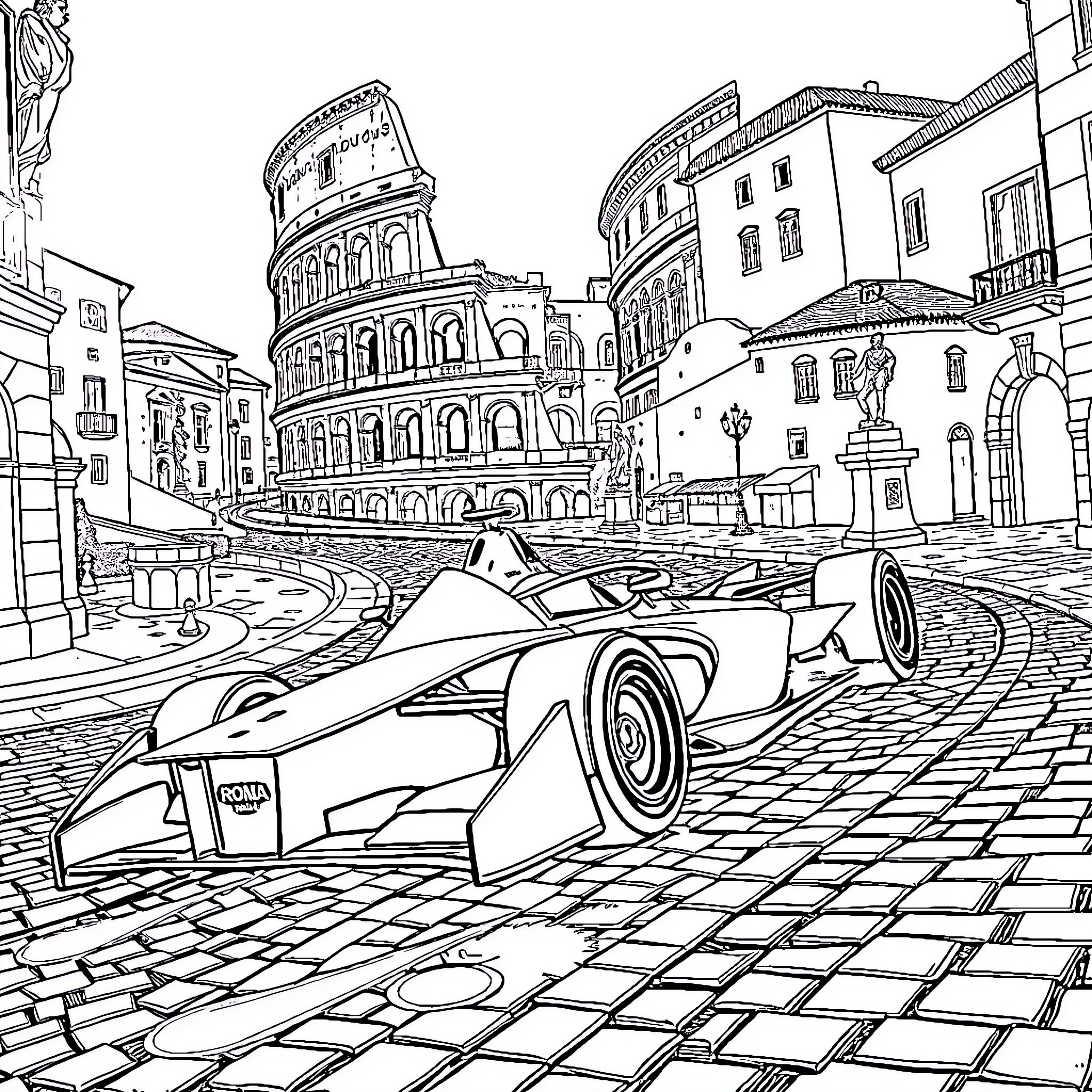 Formula 1 Race in Historic Italian City Coloring Page (free black-and-white line drawing printable PDF for all, from beginners to advanced learners, including children, teens, adults, and seniors)