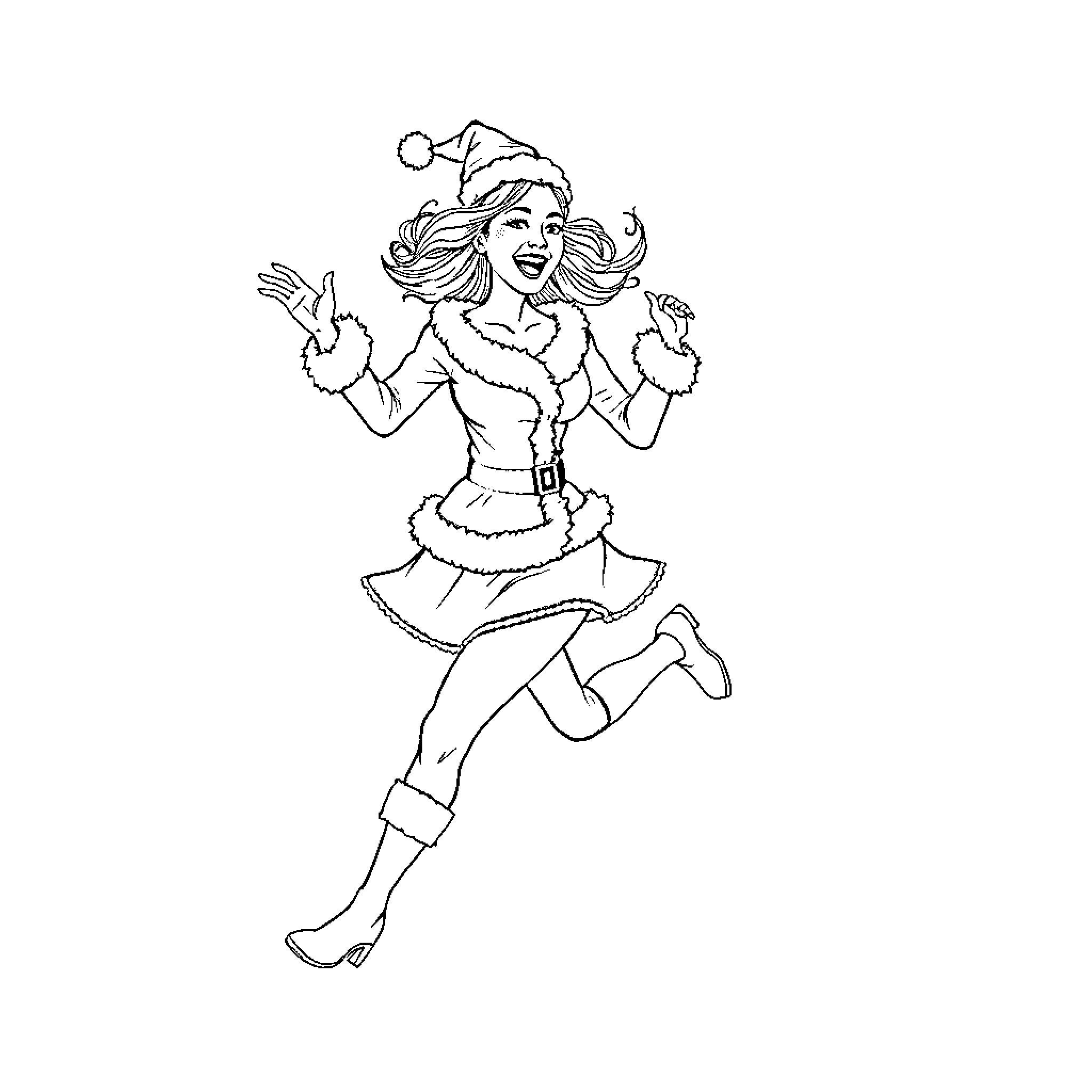Woman in playful Santa outfit Coloring Page (free black-and-white line drawing printable PDF for all, from beginners to advanced learners, including children, teens, adults, and seniors)