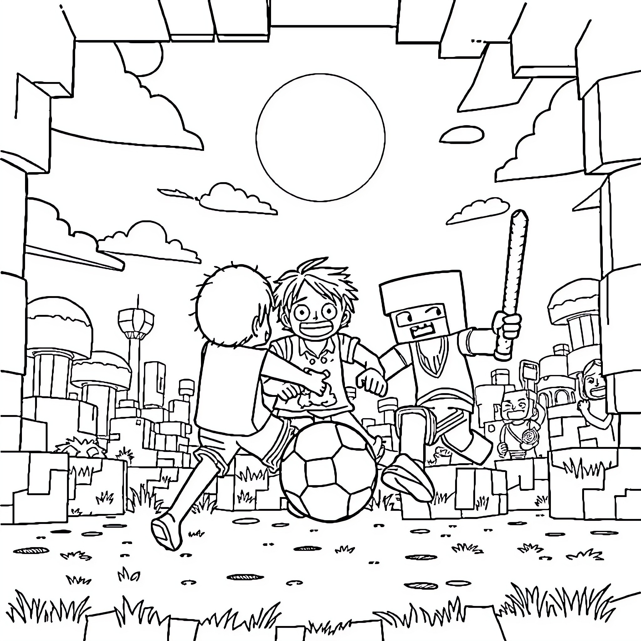 One Piece: Children Playing Soccer in the City Coloring Page (free black-and-white line drawing printable PDF for all, from beginners to advanced learners, including children, teens, adults, and seniors)