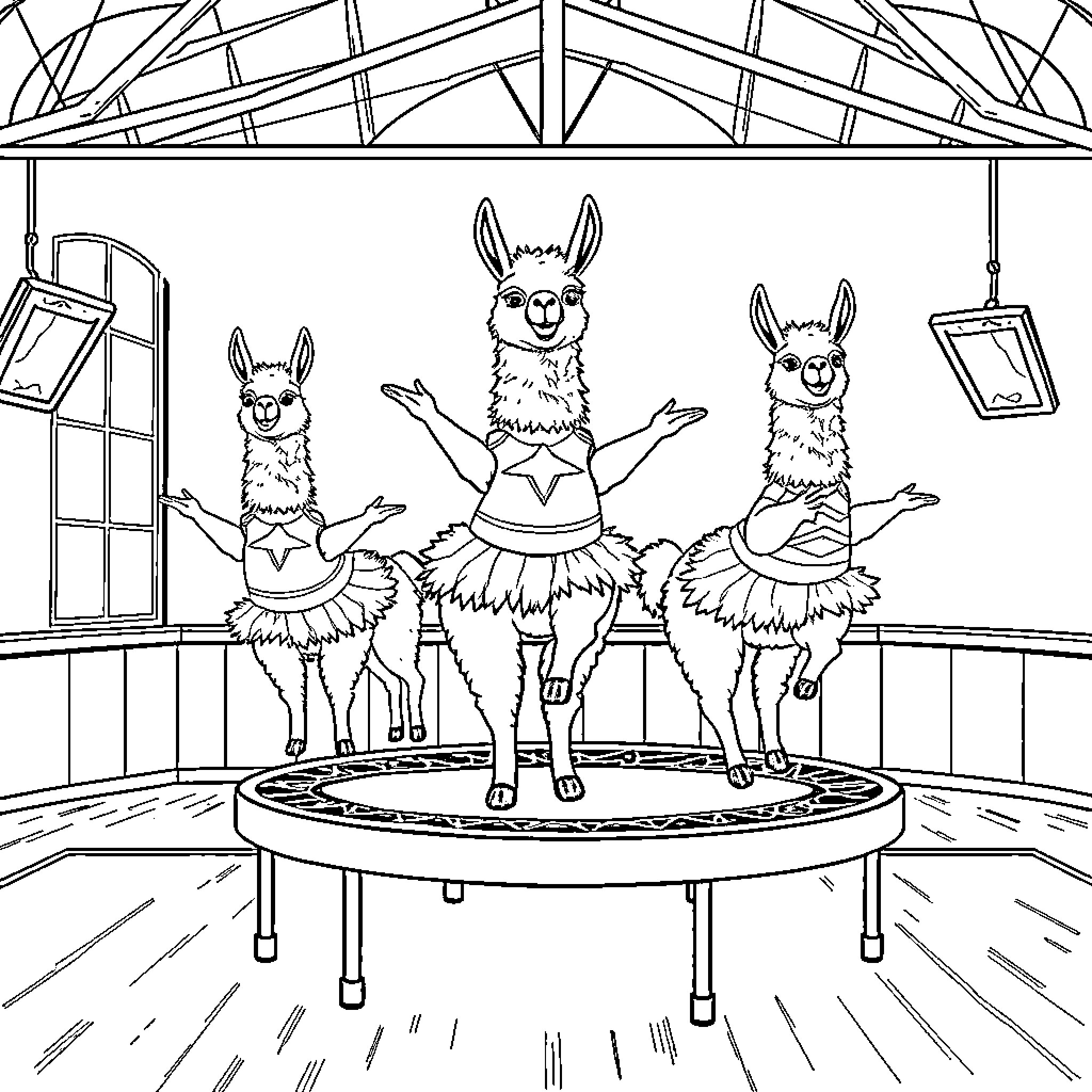 Llama performers entertaining on stage Coloring Page (free black-and-white line drawing printable PDF for all, from beginners to advanced learners, including children, teens, adults, and seniors)