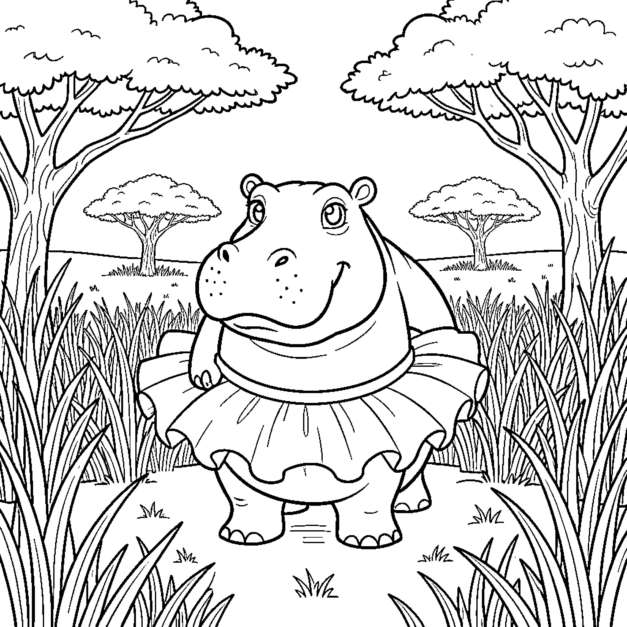 Hippopotamus wearing a tutu in a grassy field Coloring Page (free black-and-white line drawing printable PDF for all, from beginners to advanced learners, including children, teens, adults, and seniors)