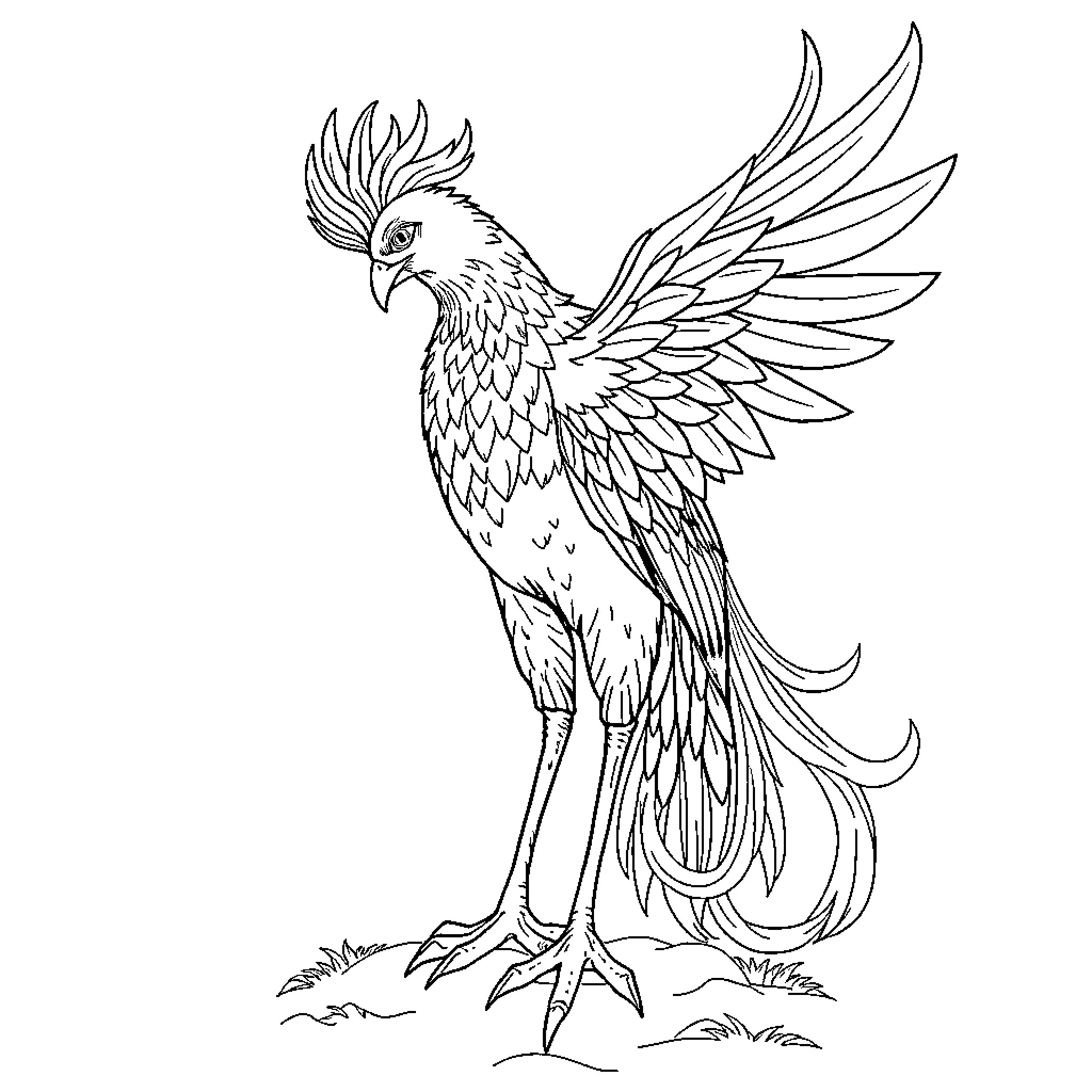 Phoenix rising with majestic wings Coloring Page (free black-and-white line drawing printable PDF for all, from beginners to advanced learners, including children, teens, adults, and seniors)