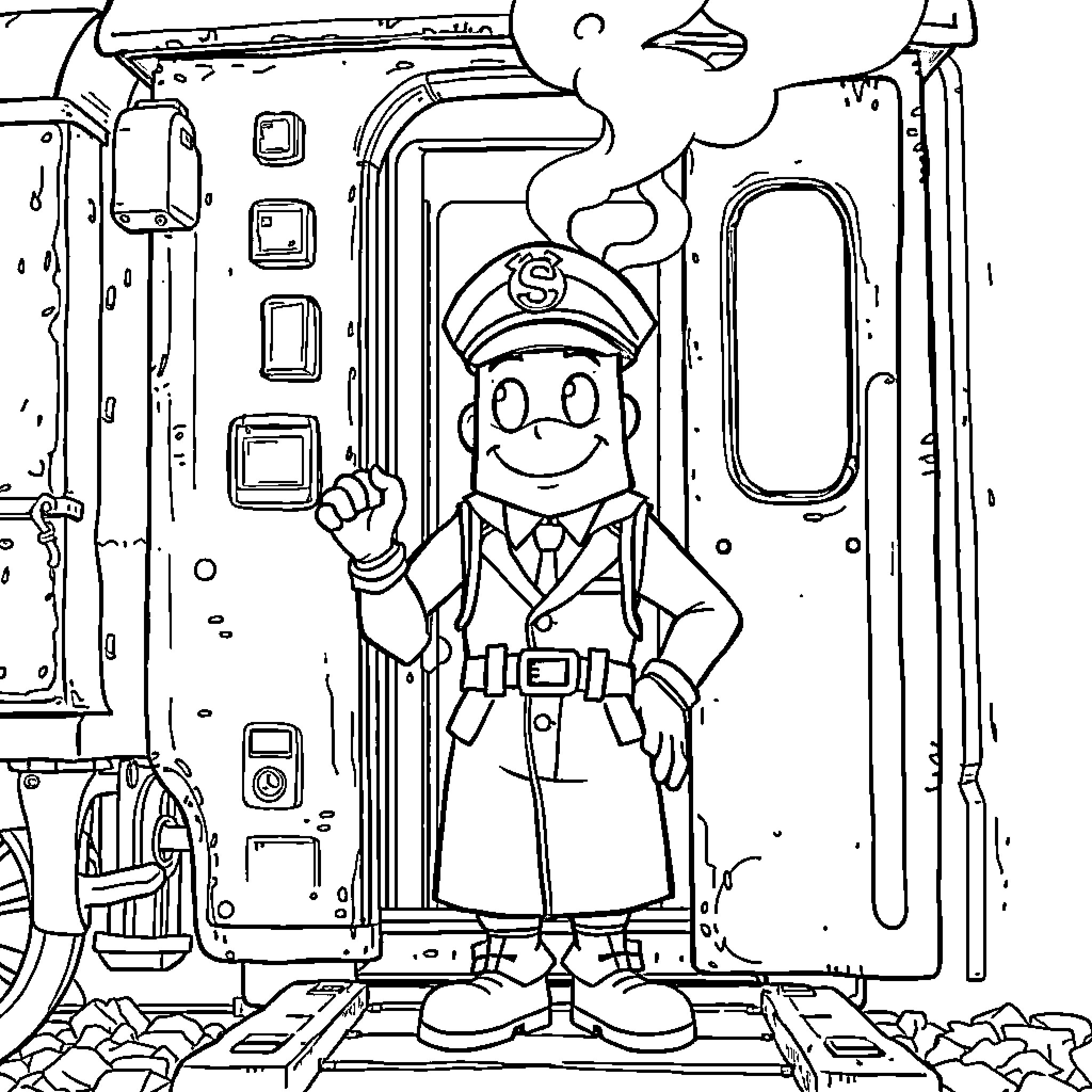 Peely's Train Conductor Adventure Coloring Page (free black-and-white line drawing printable PDF for all, from beginners to advanced learners, including children, teens, adults, and seniors)