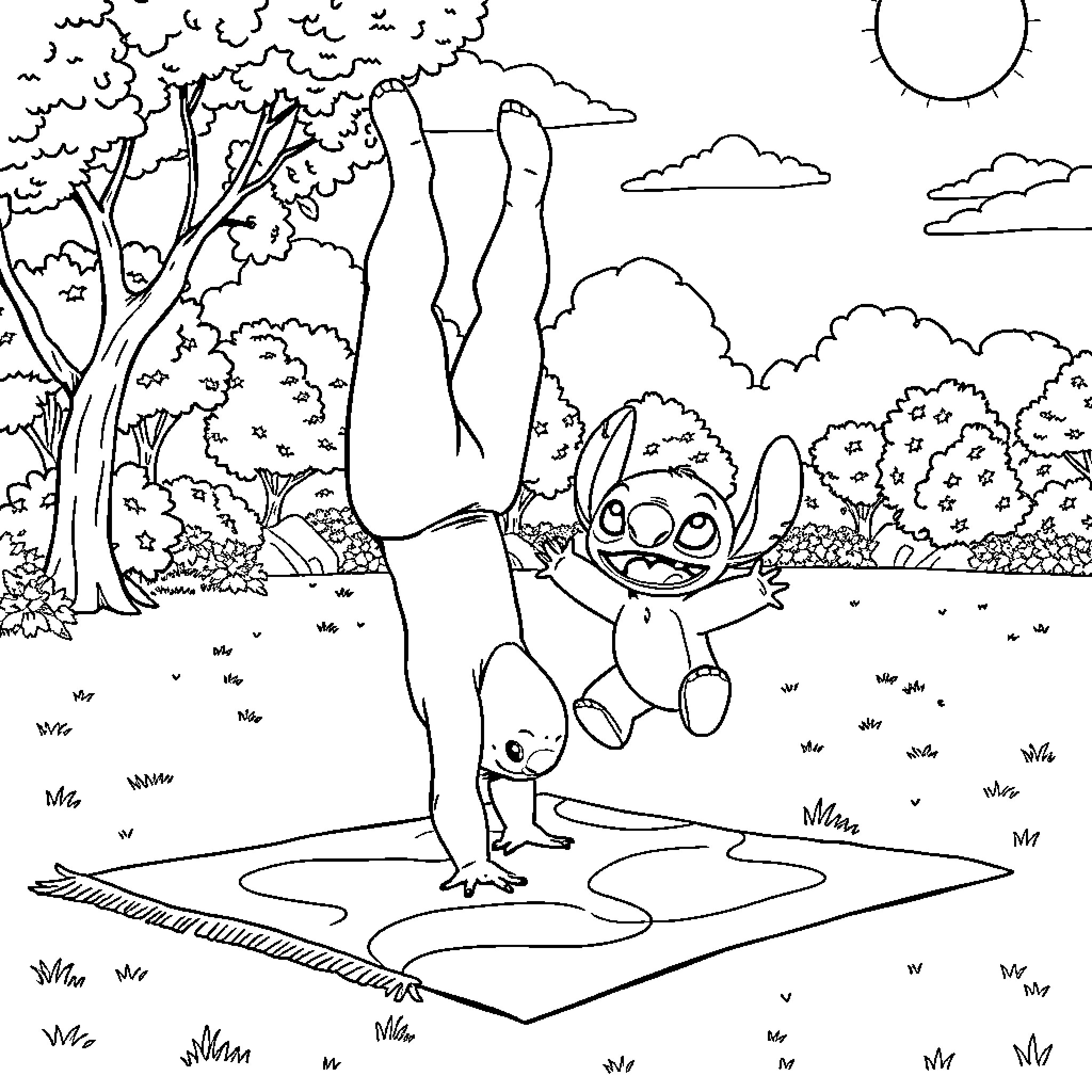 Lilo playing with her alien friend in nature Coloring Page (free black-and-white line drawing printable PDF for all, from beginners to advanced learners, including children, teens, adults, and seniors)