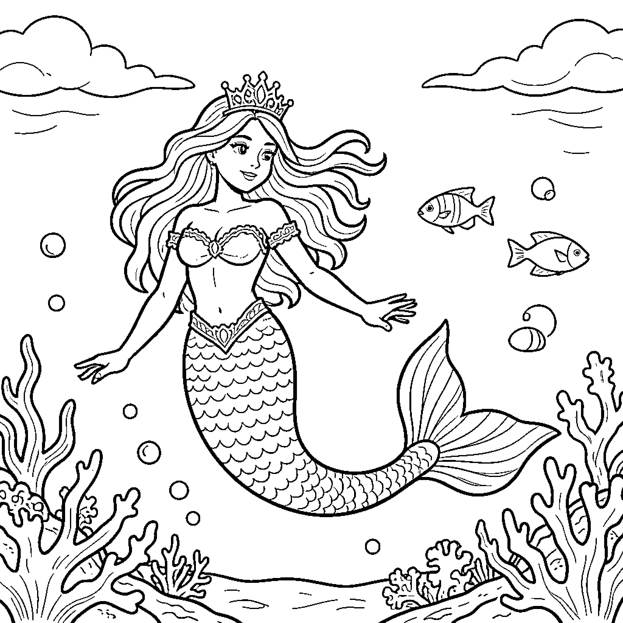 Mermaid swimming gracefully among fish and coral reefs Coloring Page (free black-and-white line drawing printable PDF for all, from beginners to advanced learners, including children, teens, adults, and seniors)