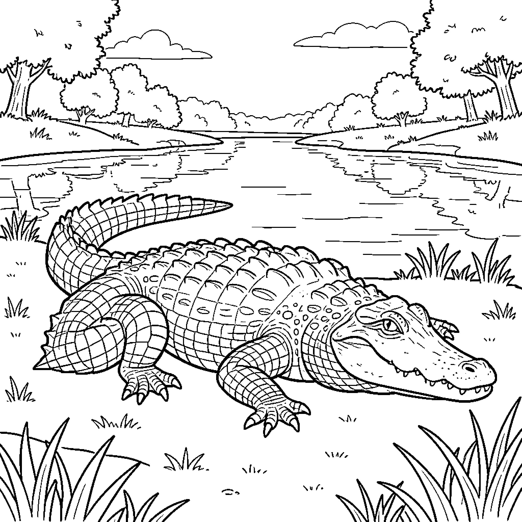 Alligator resting peacefully by the tranquil lake Coloring Page (free black-and-white line drawing printable PDF for all, from beginners to advanced learners, including children, teens, adults, and seniors)