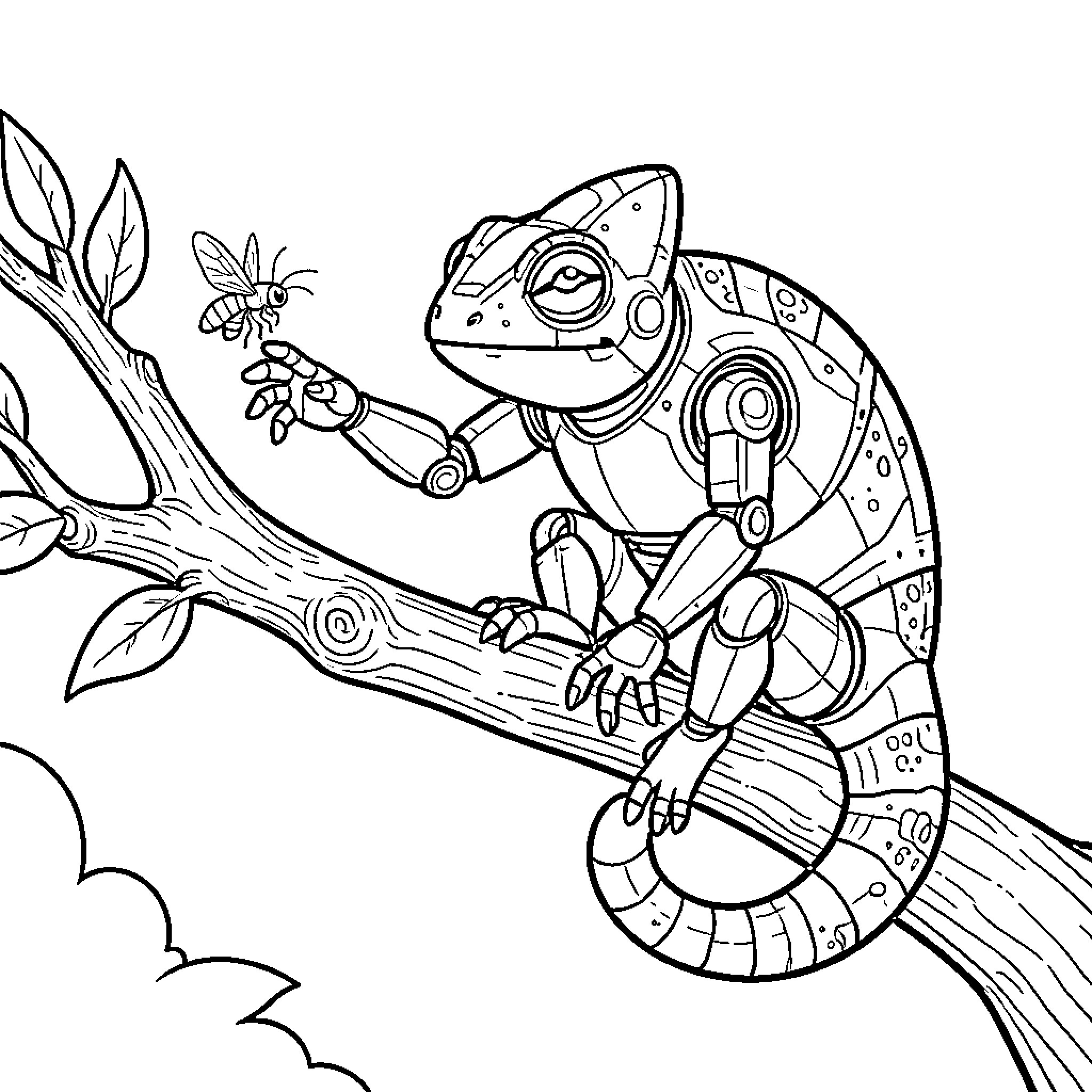 Robot chameleon reaching for a flying insect on a branch Coloring Page (free black-and-white line drawing printable PDF for all, from beginners to advanced learners, including children, teens, adults, and seniors)