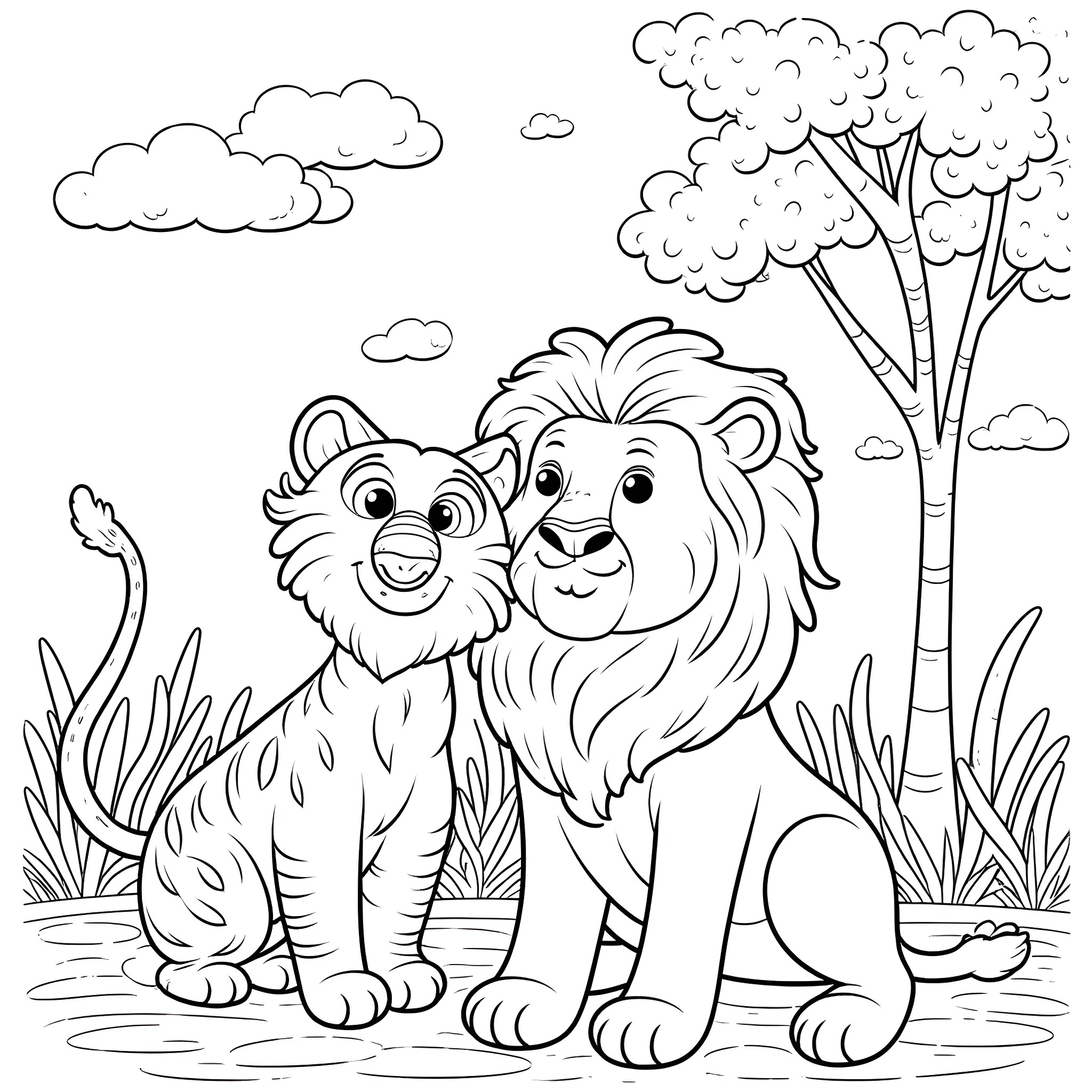 Lion and cub playing together in the wild Coloring Page (free black-and-white line drawing printable PDF for all, from beginners to advanced learners, including children, teens, adults, and seniors)