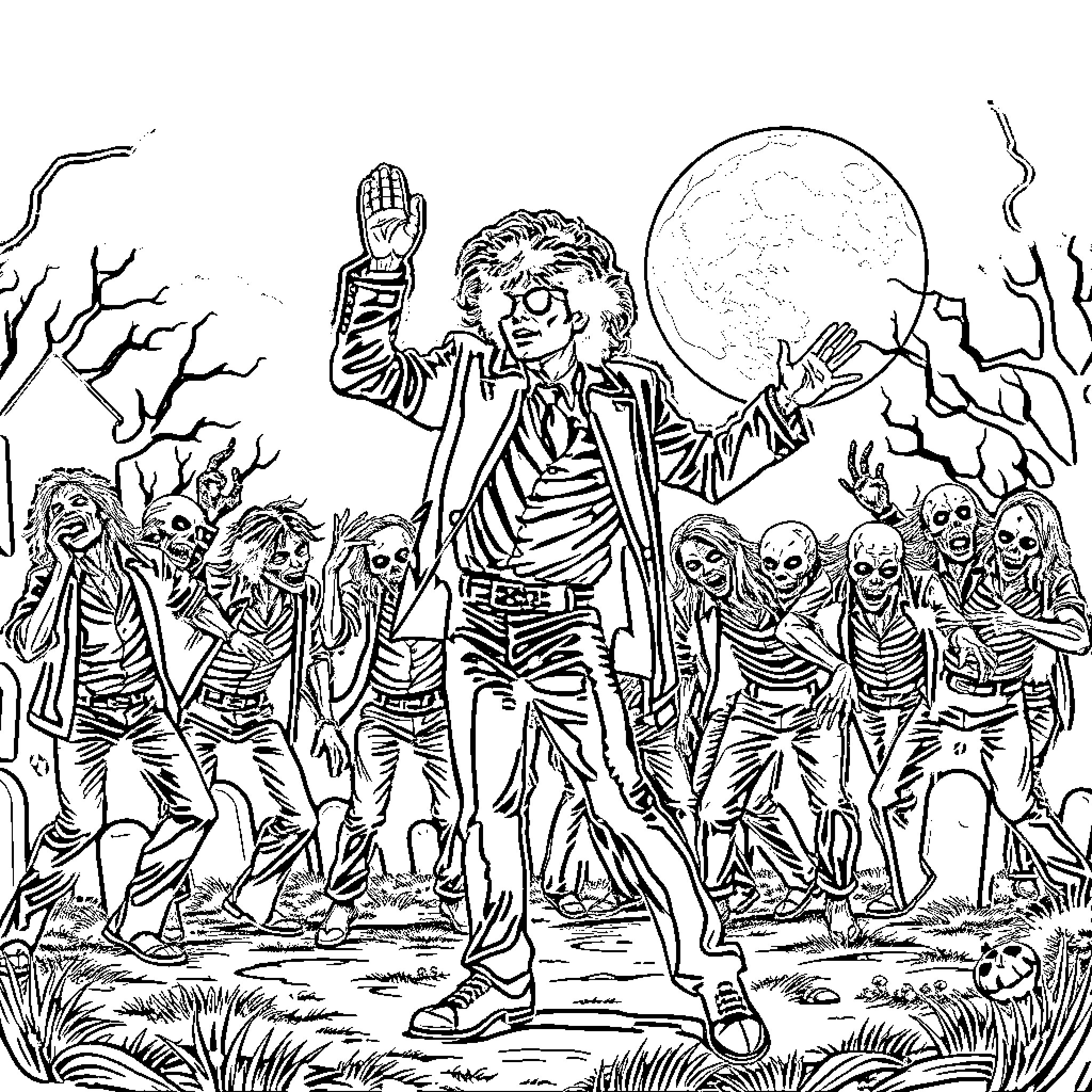 Michael Jackson Surrounded by Zombies in a Spooky Landscape Coloring Page (free black-and-white line drawing printable PDF for all, from beginners to advanced learners, including children, teens, adults, and seniors)