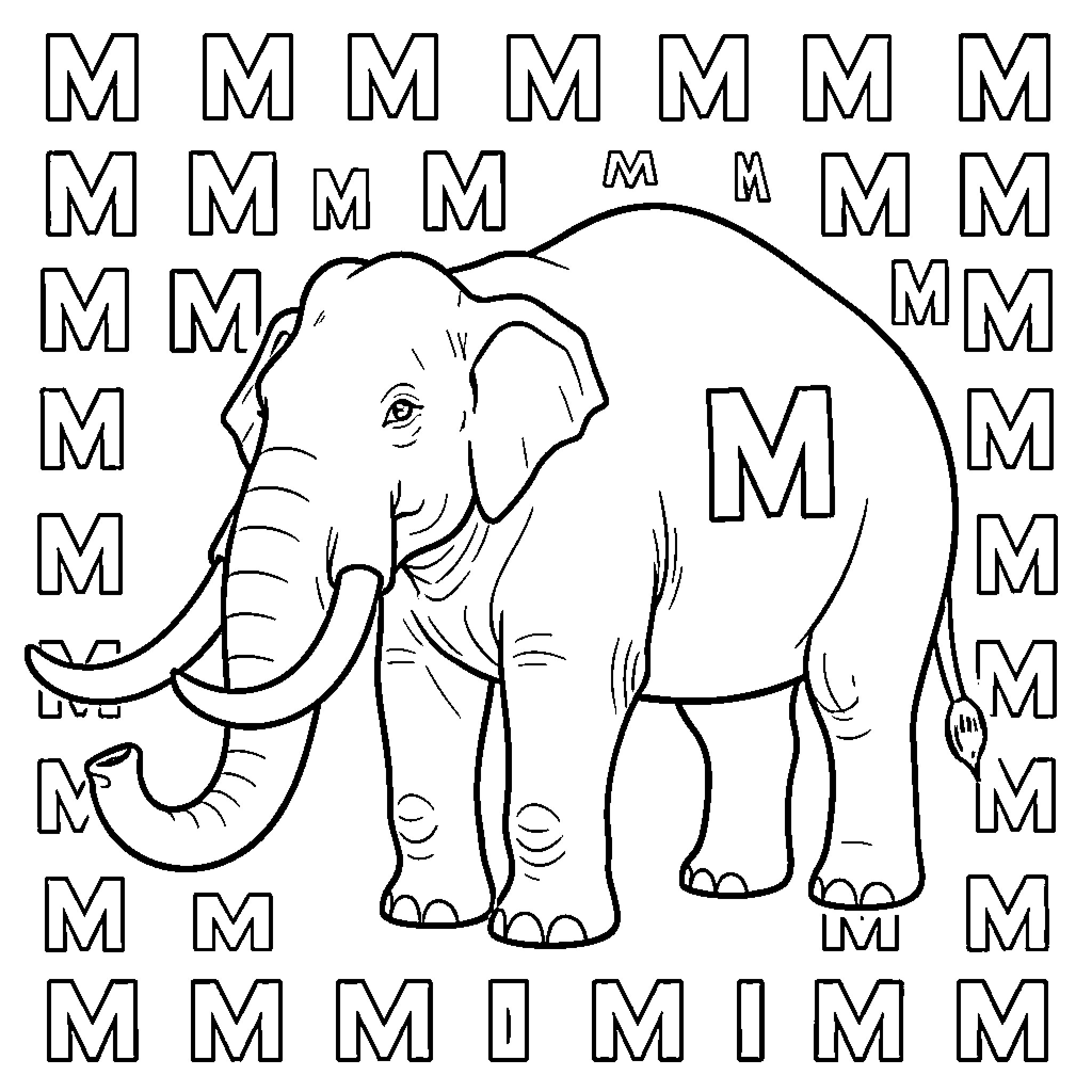 Mamut elephant standing amidst 'M' shapes Coloring Page (free black-and-white line drawing printable PDF for all, from beginners to advanced learners, including children, teens, adults, and seniors)