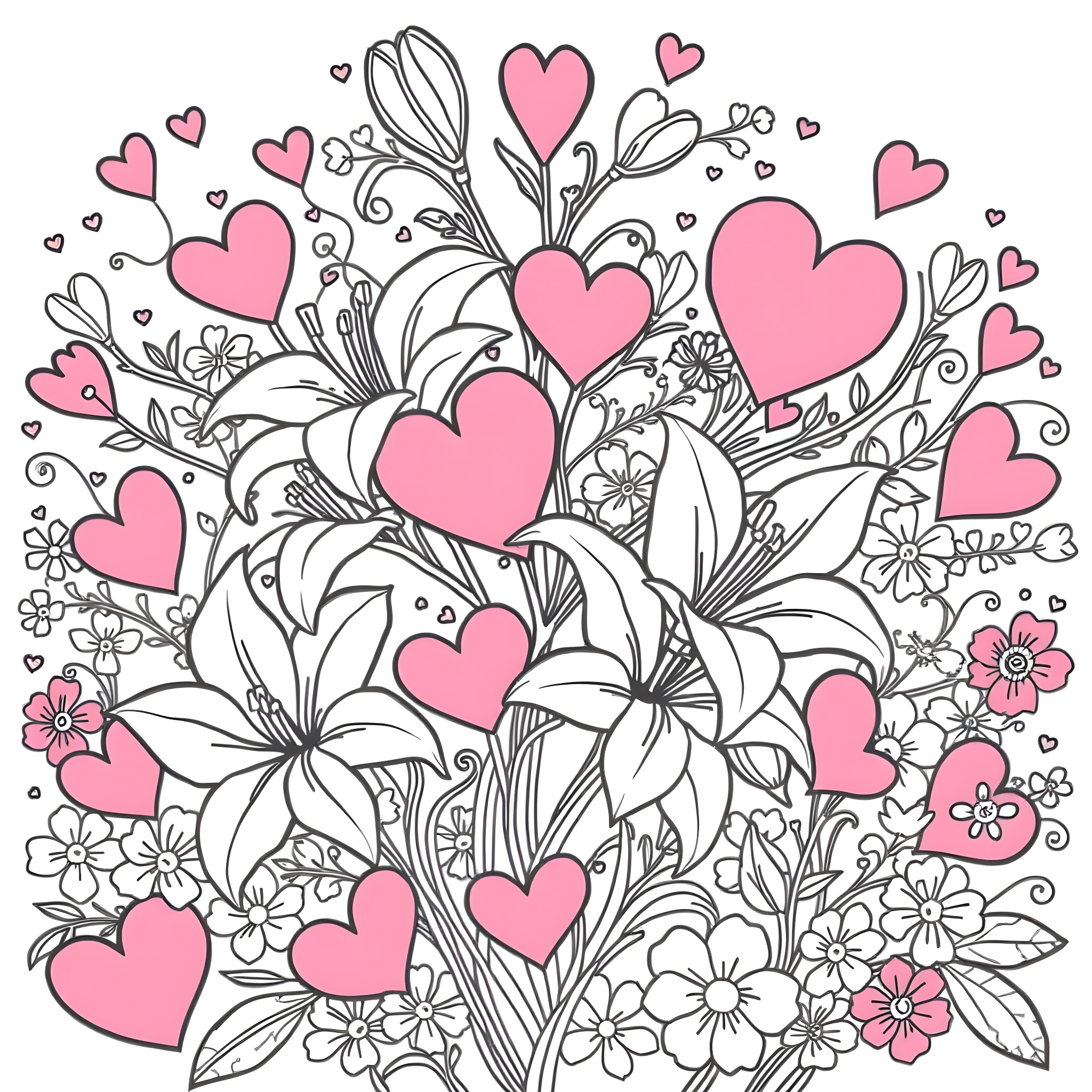 Lily's romantic floral meadow Coloring Page (free black-and-white line drawing printable PDF for all, from beginners to advanced learners, including children, teens, adults, and seniors)
