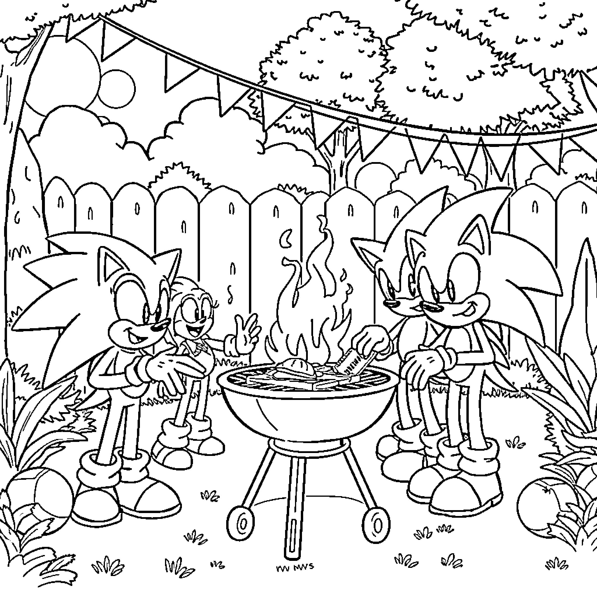 Sonic Characters Enjoying a Festive Outdoor Barbecue Coloring Page (free black-and-white line drawing printable PDF for all, from beginners to advanced learners, including children, teens, adults, and seniors)