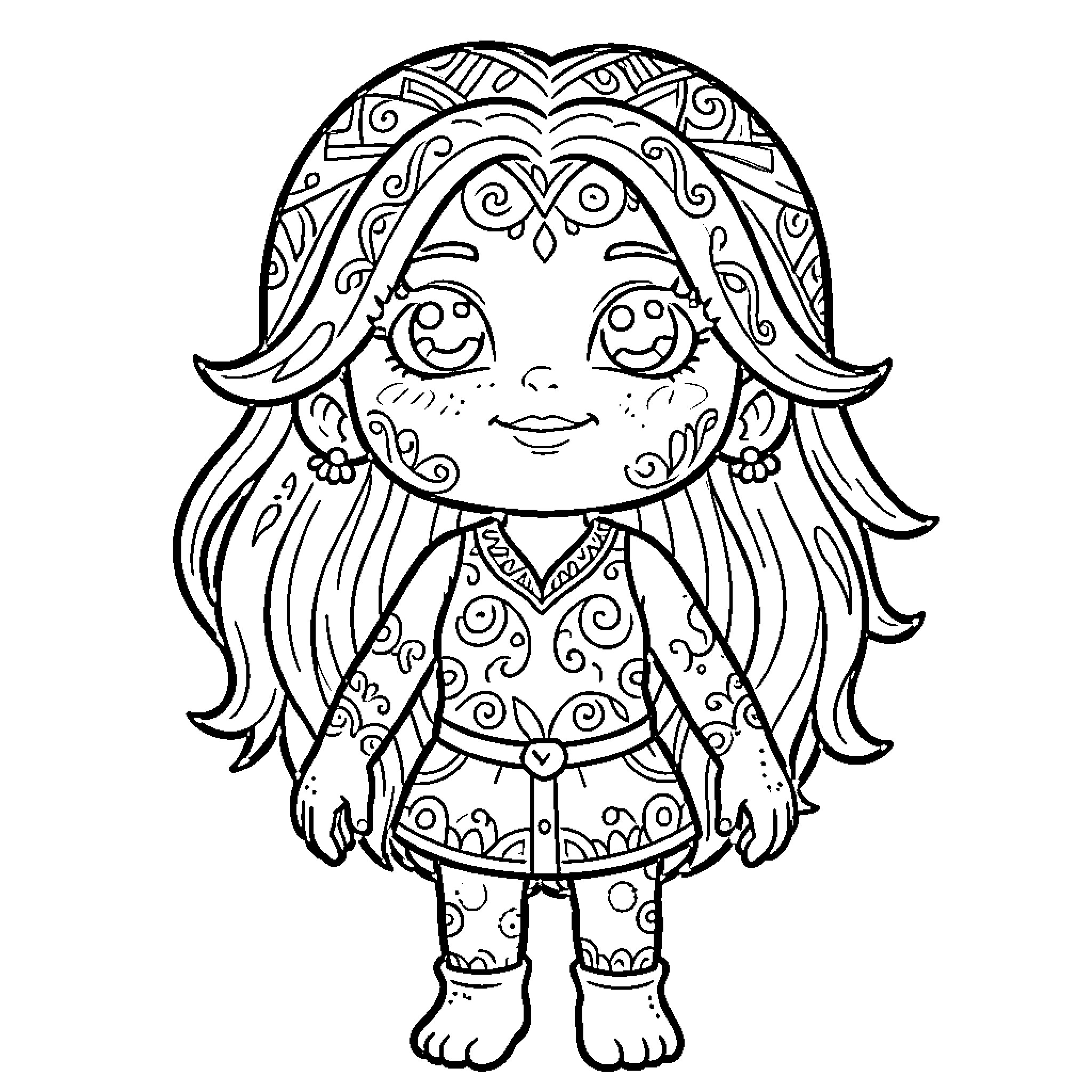 Stitch of a Whimsical Doll Coloring Page (free black-and-white line drawing printable PDF for all, from beginners to advanced learners, including children, teens, adults, and seniors)