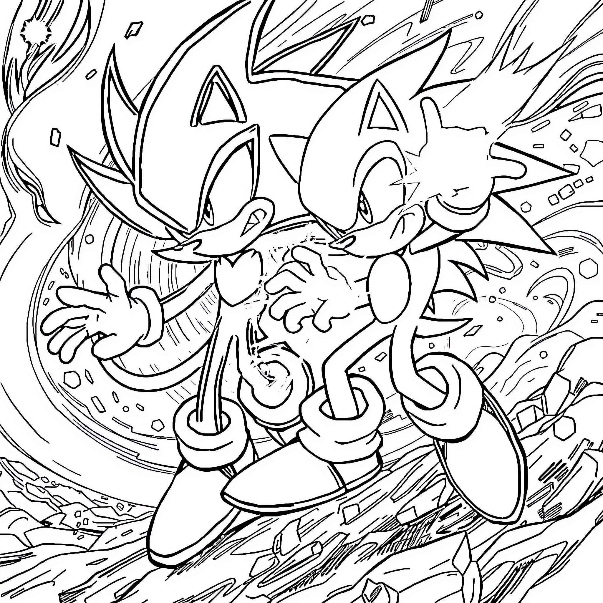 Sonic's Energetic Adventure with Friends Coloring Page (free black-and-white line drawing printable PDF for all, from beginners to advanced learners, including children, teens, adults, and seniors)