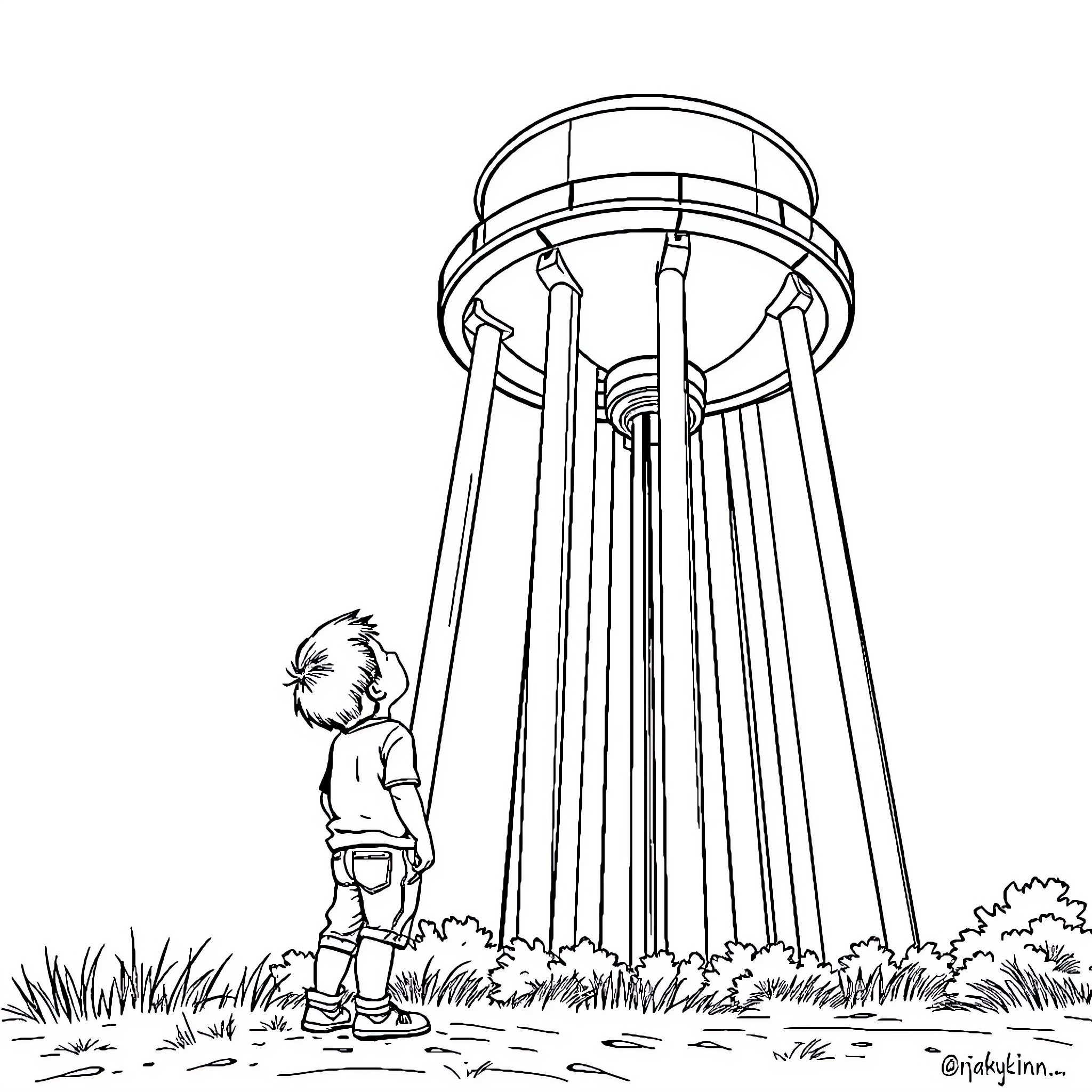 Boy exploring an outdoor water tower Coloring Page (free black-and-white line drawing printable PDF for all, from beginners to advanced learners, including children, teens, adults, and seniors)