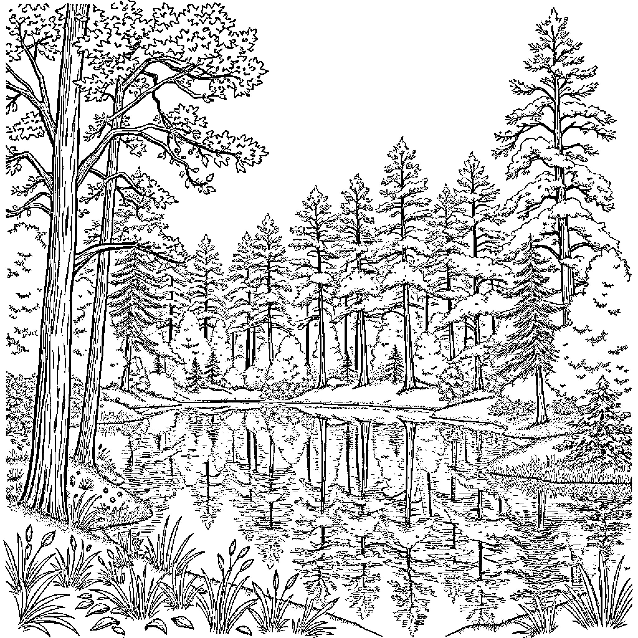 Hypnosis in the Serene Forest Reflection Coloring Page (free black-and-white line drawing printable PDF for all, from beginners to advanced learners, including children, teens, adults, and seniors)