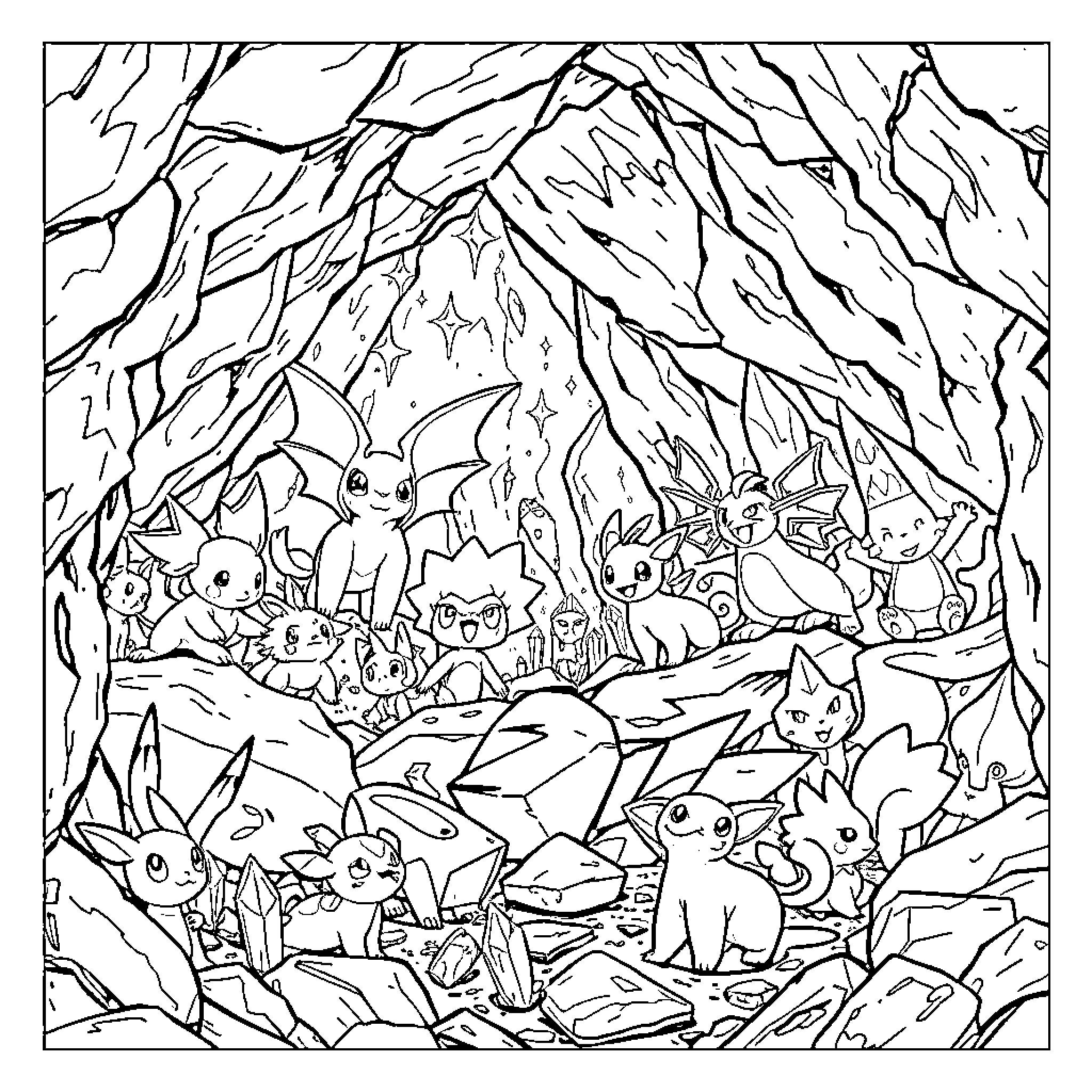 Pokémon Characters in a Mystical Forest Scene Coloring Page (free black-and-white line drawing printable PDF for all, from beginners to advanced learners, including children, teens, adults, and seniors)