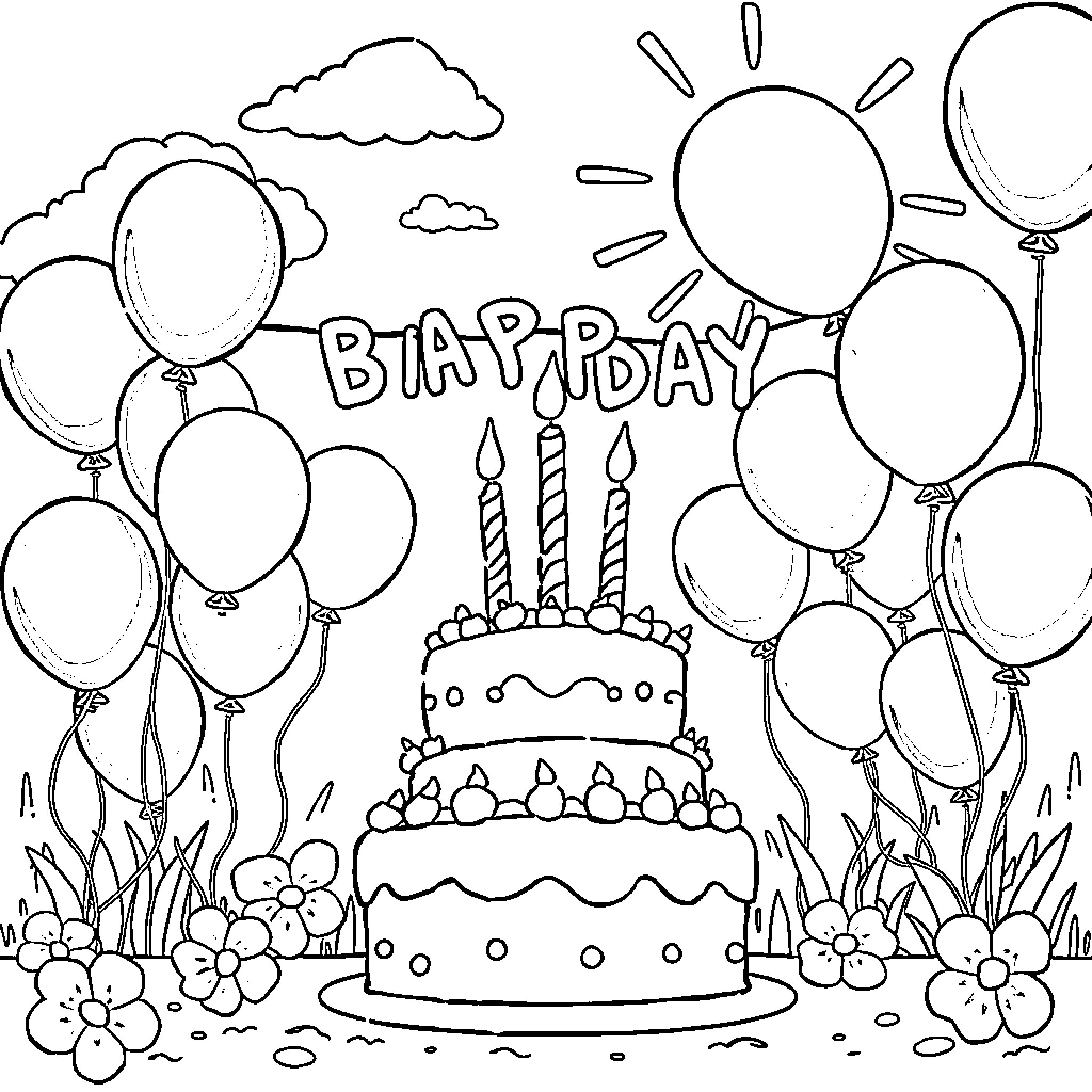 Birthday Celebration with Cake and Balloons Coloring Page (free black-and-white line drawing printable PDF for all, from beginners to advanced learners, including children, teens, adults, and seniors)