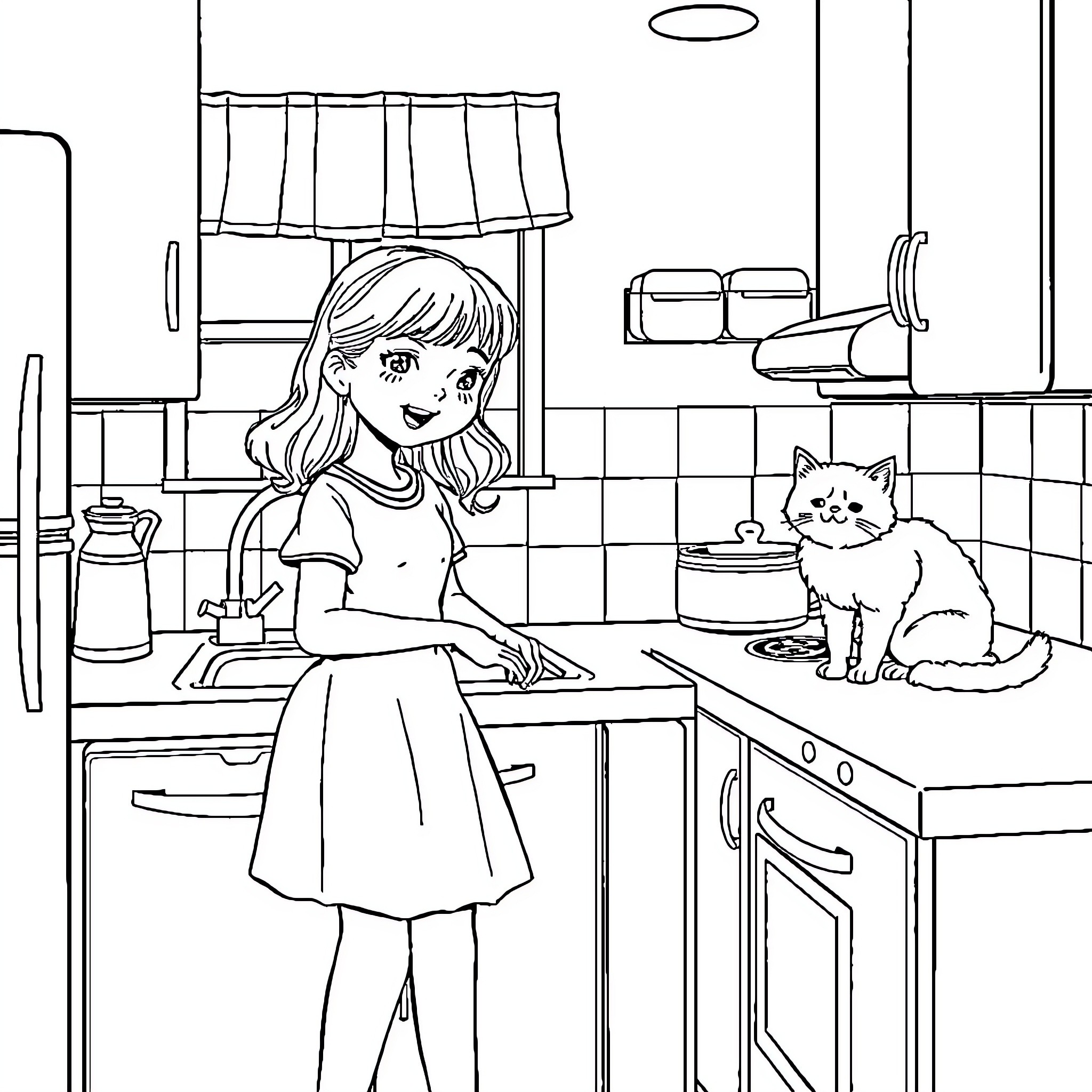 Girl cooking with a pet cat in the kitchen Coloring Page (free black-and-white line drawing printable PDF for all, from beginners to advanced learners, including children, teens, adults, and seniors)