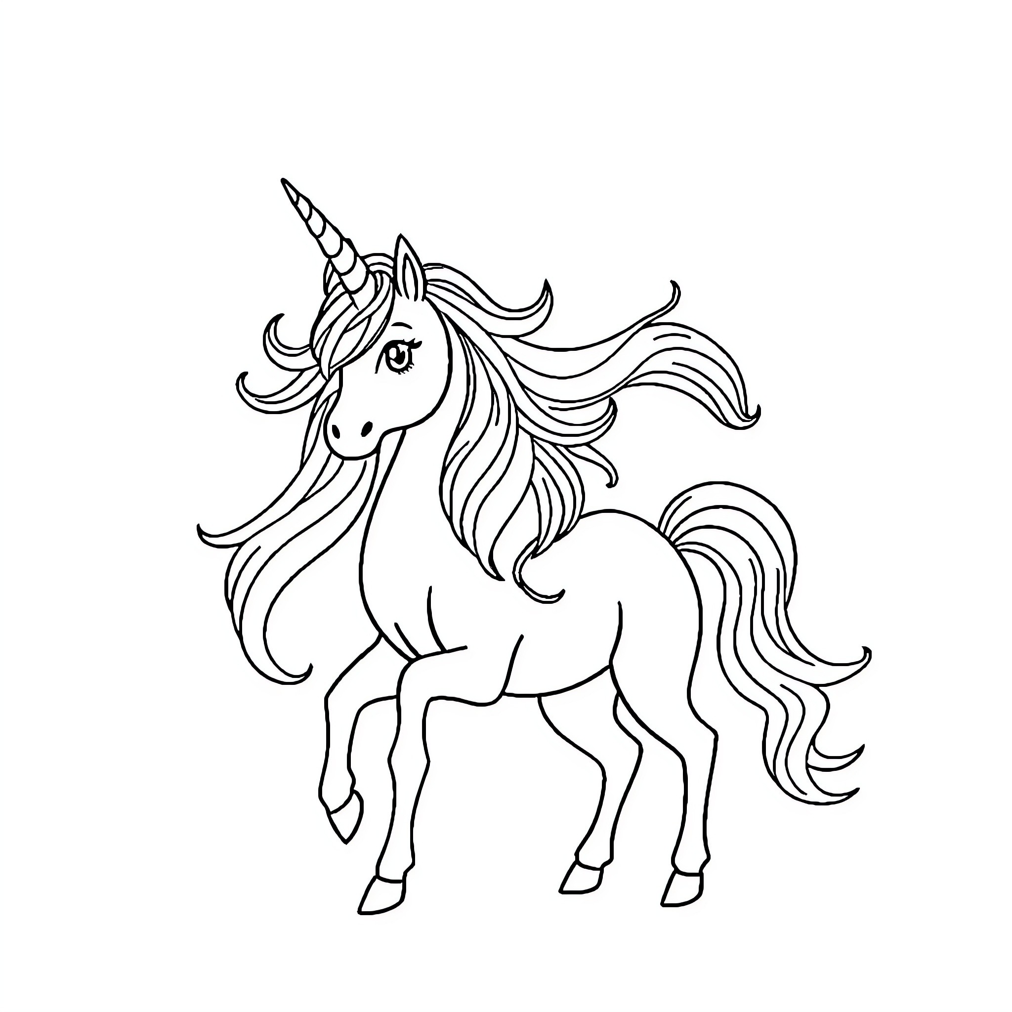 Unicorn with flowing mane and horn Coloring Page (free black-and-white line drawing printable PDF for all, from beginners to advanced learners, including children, teens, adults, and seniors)