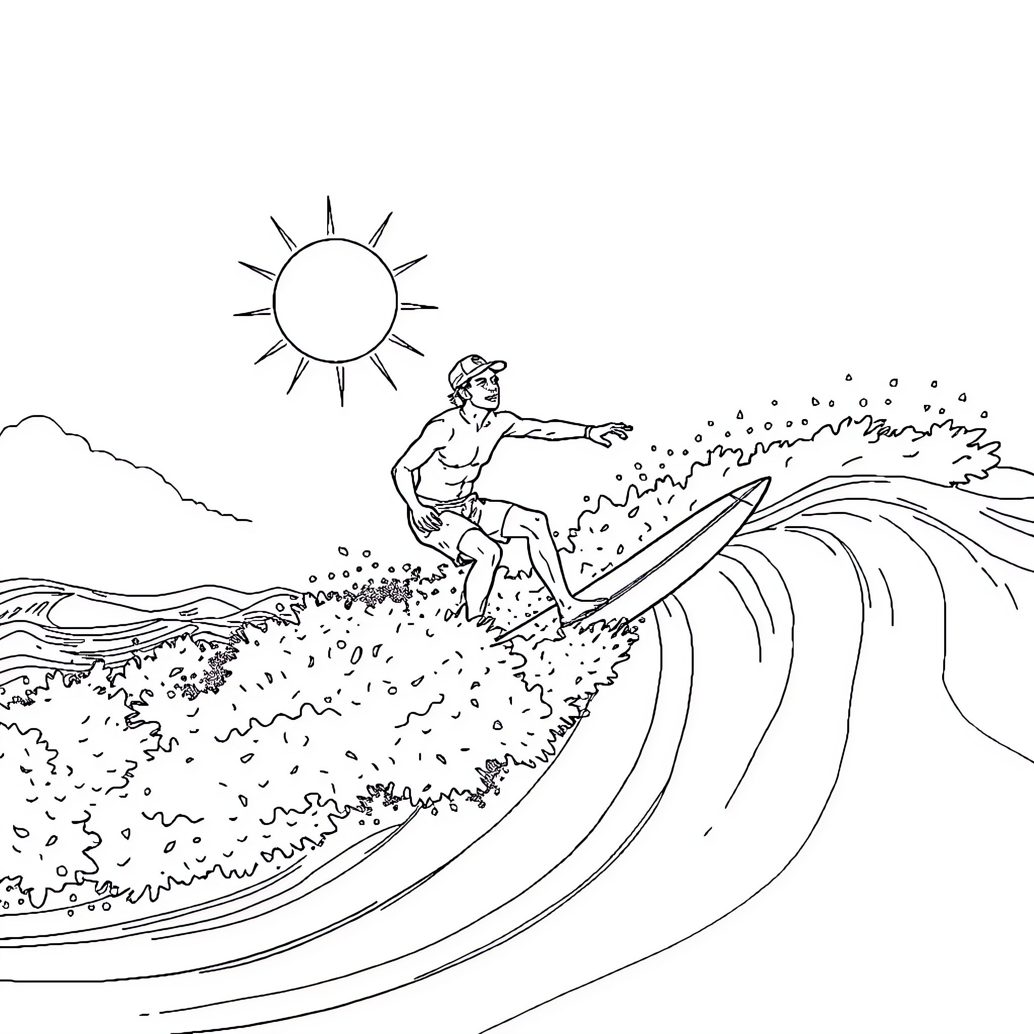 Lampião surfing the giant waves under the sun Coloring Page (free black-and-white line drawing printable PDF for all, from beginners to advanced learners, including children, teens, adults, and seniors)