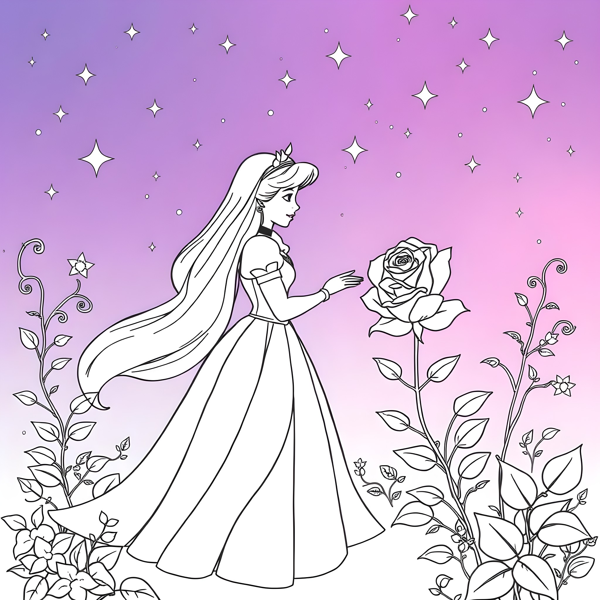Aurora's Enchanted Garden Dream Coloring Page (free black-and-white line drawing printable PDF for all, from beginners to advanced learners, including children, teens, adults, and seniors)
