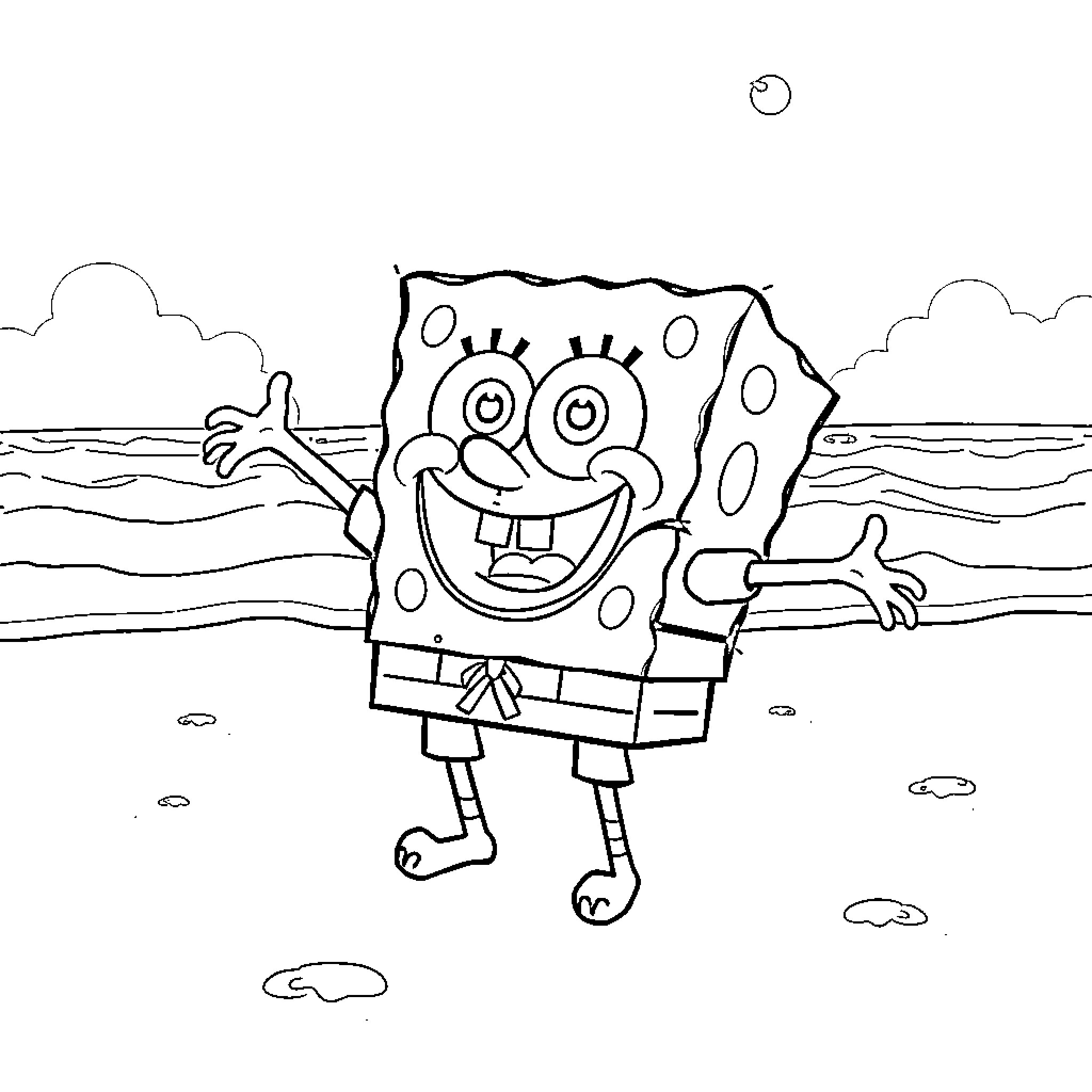 Spongebob's Cheerful Coastal Adventure Coloring Page (free black-and-white line drawing printable PDF for all, from beginners to advanced learners, including children, teens, adults, and seniors)