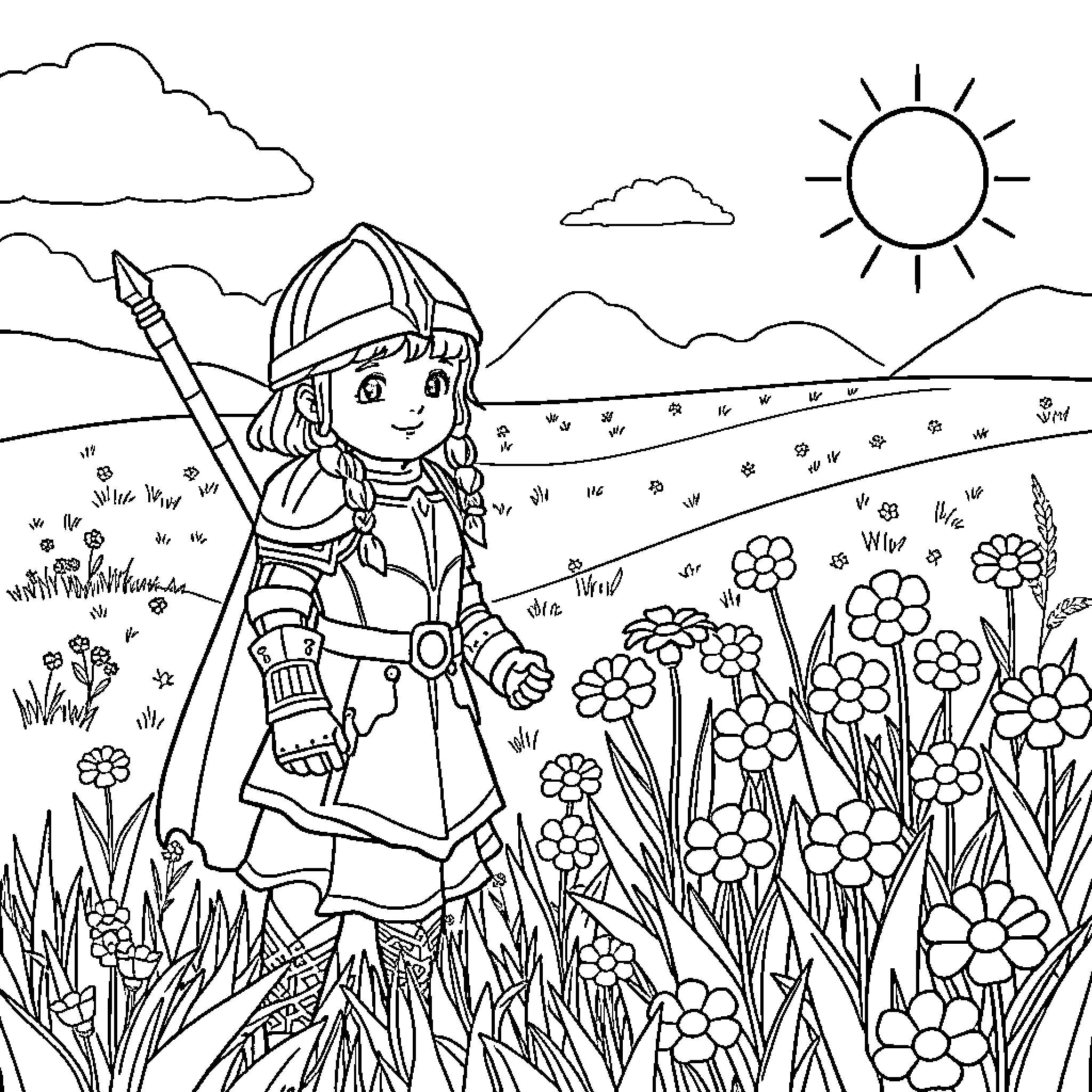 Warrior Exploring the Vibrant Meadow Coloring Page (free black-and-white line drawing printable PDF for all, from beginners to advanced learners, including children, teens, adults, and seniors)