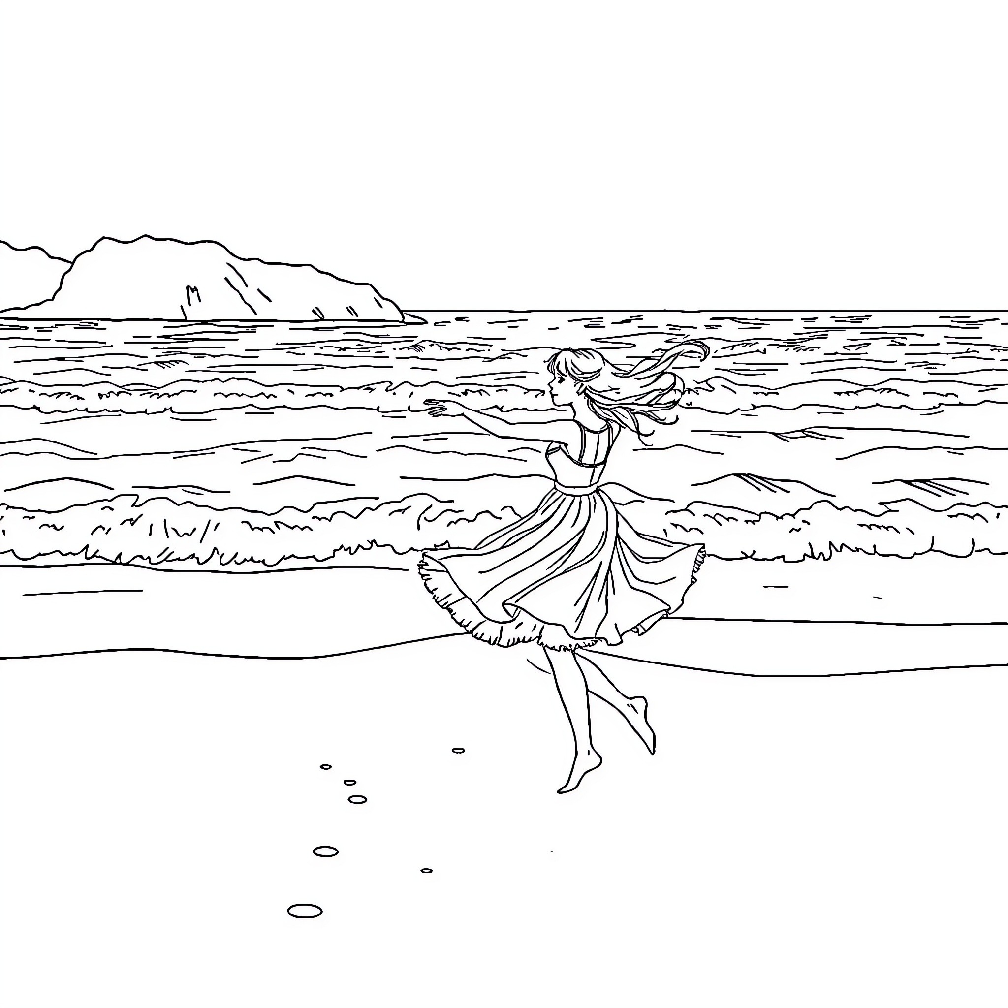 Fille dancing gracefully on the beach Coloring Page (free black-and-white line drawing printable PDF for all, from beginners to advanced learners, including children, teens, adults, and seniors)