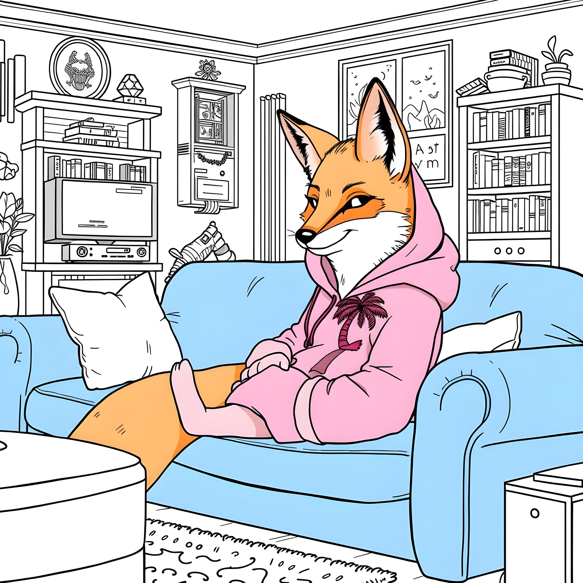 Fox in pink robe relaxing on the couch Coloring Page (free black-and-white line drawing printable PDF for all, from beginners to advanced learners, including children, teens, adults, and seniors)