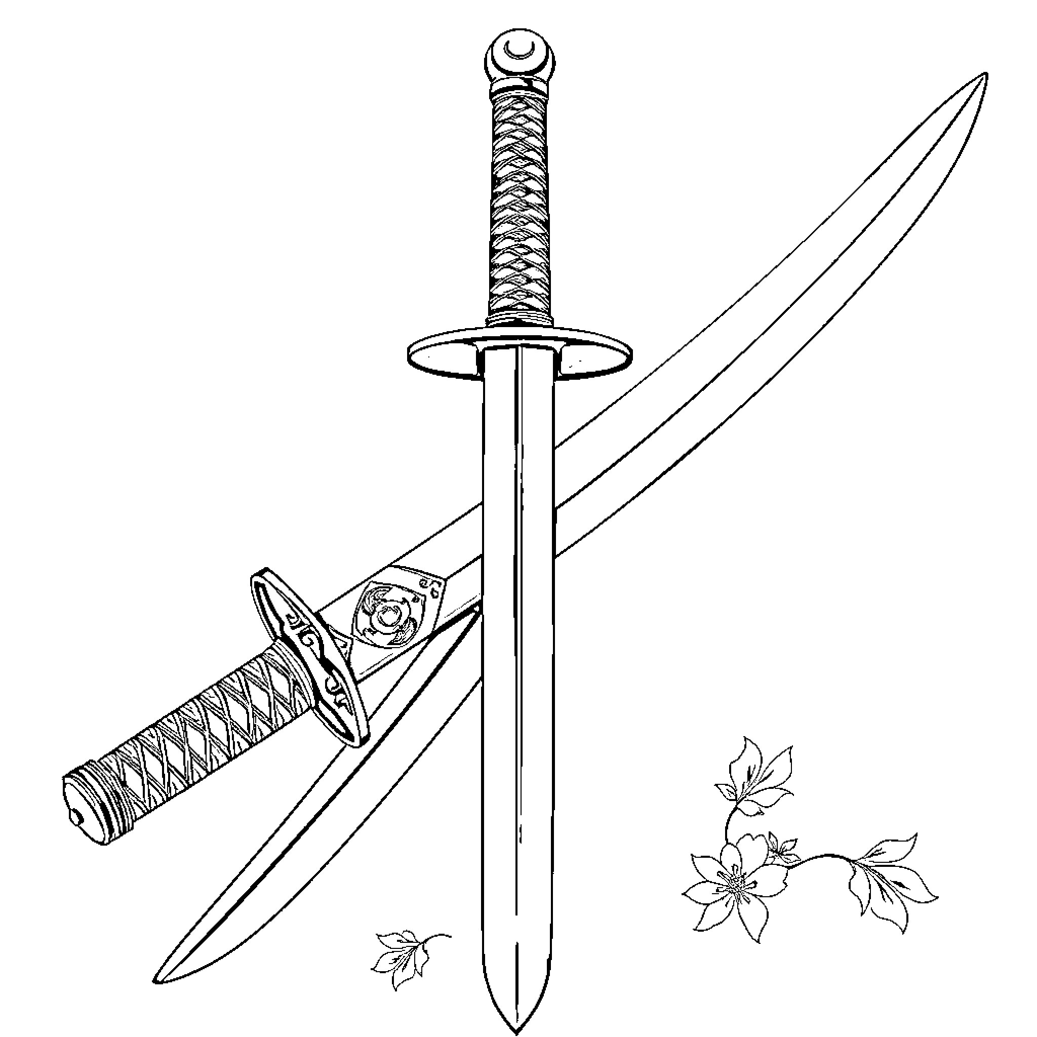 Katana sword and flower in black and white Coloring Page (free black-and-white line drawing printable PDF for all, from beginners to advanced learners, including children, teens, adults, and seniors)