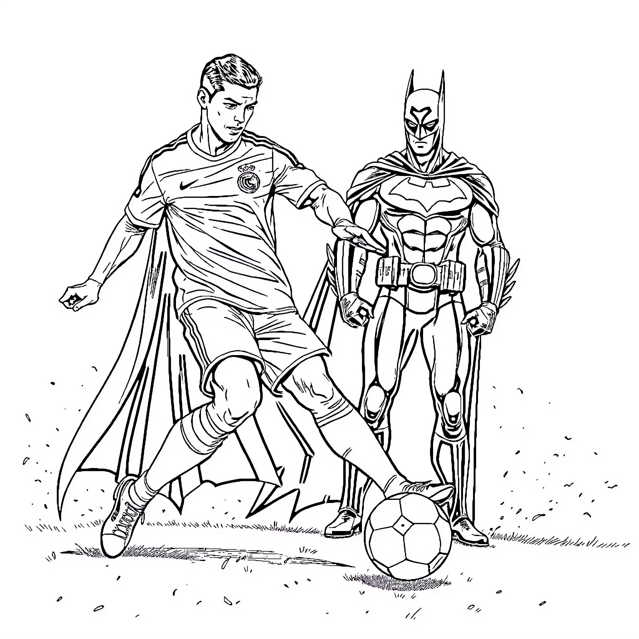 Ronaldo Battles Batman for the Soccer Ball Coloring Page (free black-and-white line drawing printable PDF for all, from beginners to advanced learners, including children, teens, adults, and seniors)