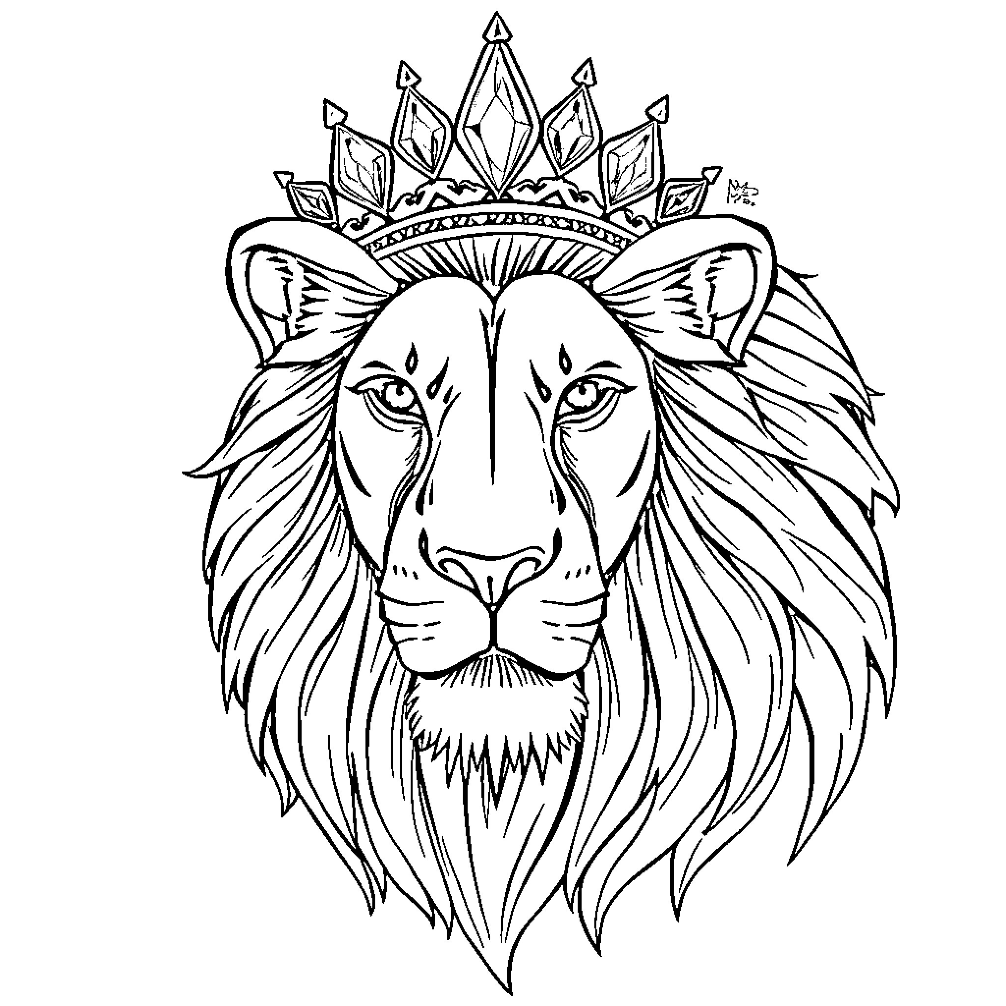 Lion with a majestic crown Coloring Page (free black-and-white line drawing printable PDF for all, from beginners to advanced learners, including children, teens, adults, and seniors)