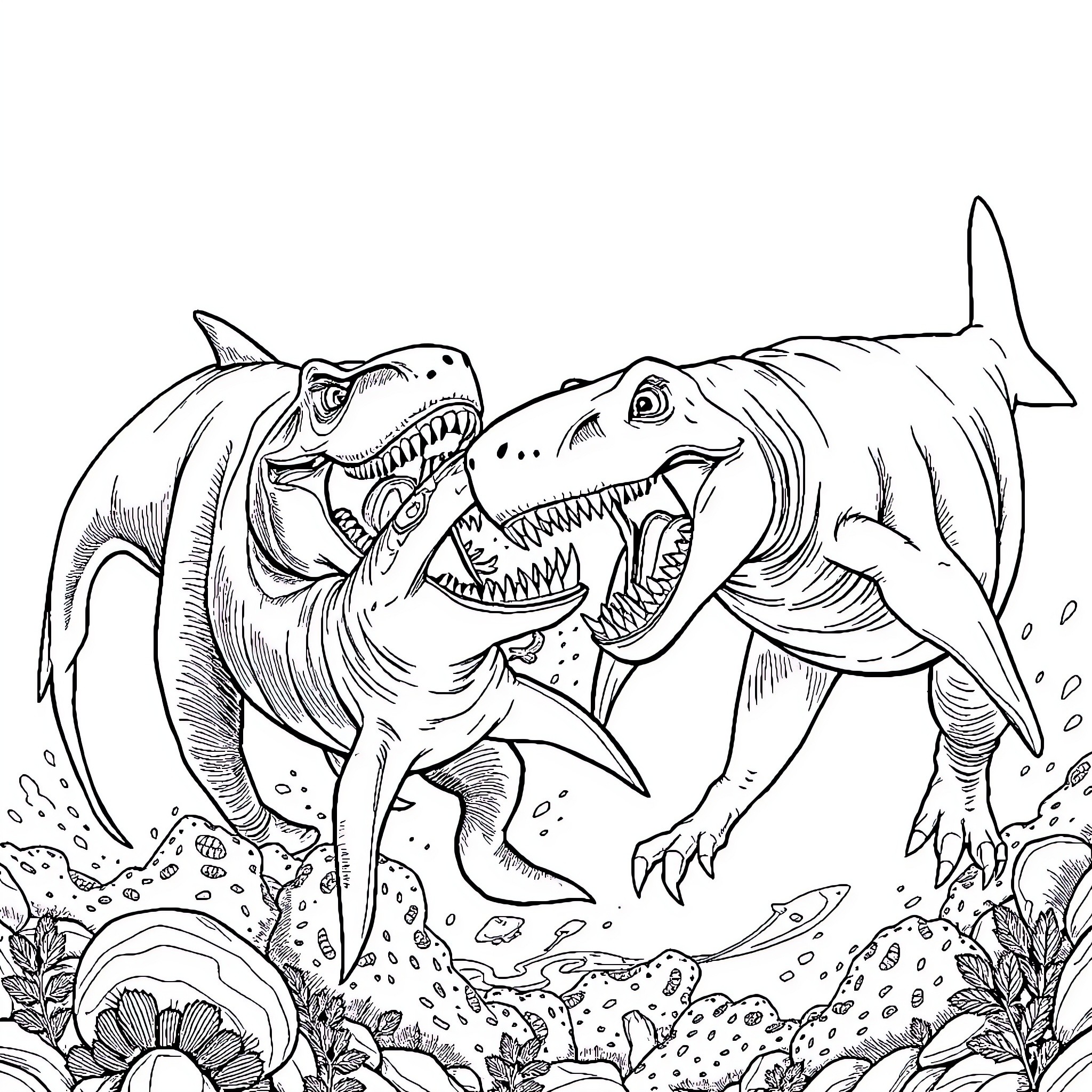 Shark battling with ferocious prey underwater Coloring Page (free black-and-white line drawing printable PDF for all, from beginners to advanced learners, including children, teens, adults, and seniors)
