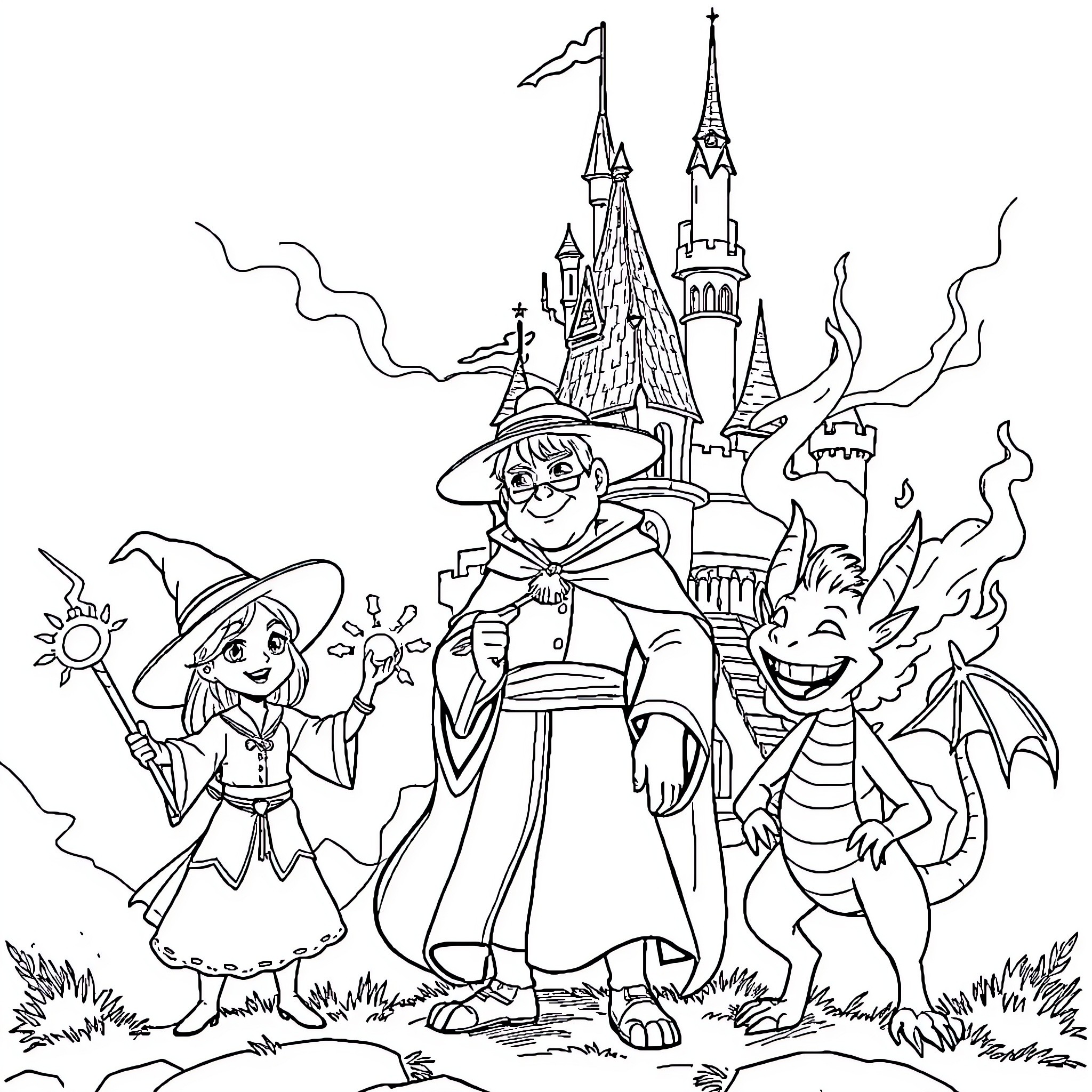 Howl's Moving Castle - Magical Adventure with Eccentric Characters Coloring Page (free black-and-white line drawing printable PDF for all, from beginners to advanced learners, including children, teens, adults, and seniors)