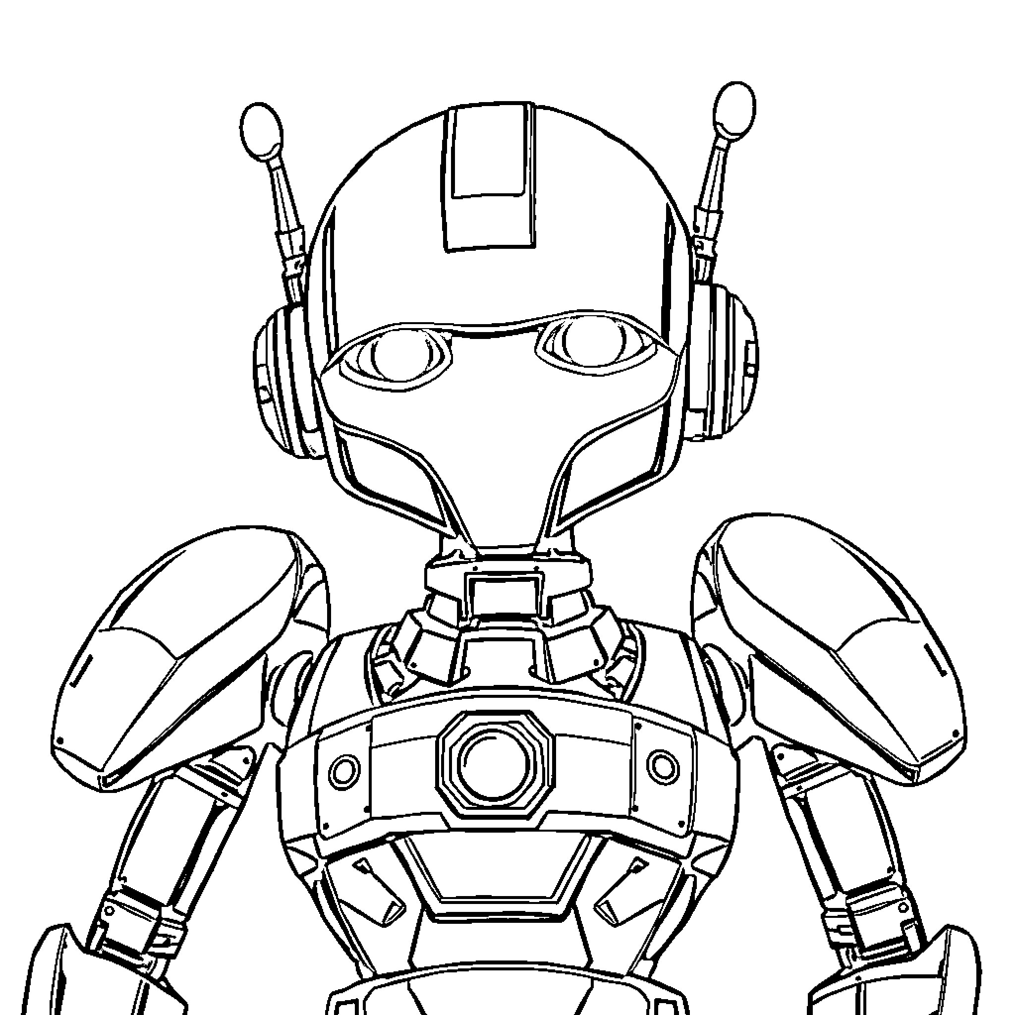 Robot with Unique Headgear and Mechanical Features Coloring Page (free black-and-white line drawing printable PDF for all, from beginners to advanced learners, including children, teens, adults, and seniors)