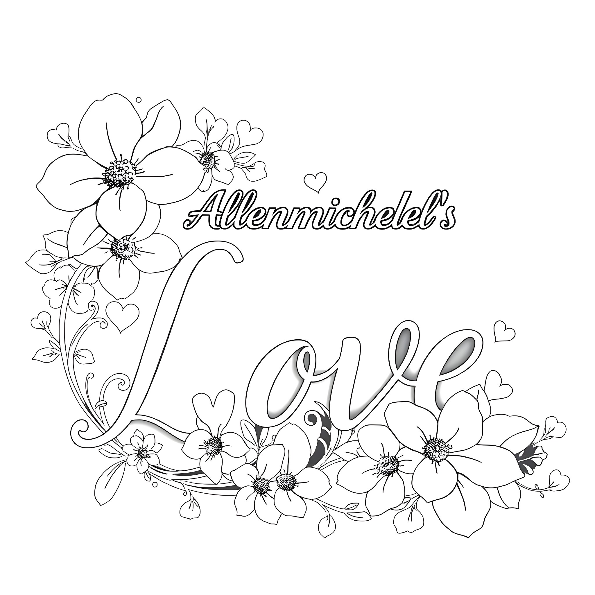 Font Floral Love with Flowery Illustration Coloring Page (free black-and-white line drawing printable PDF for all, from beginners to advanced learners, including children, teens, adults, and seniors)