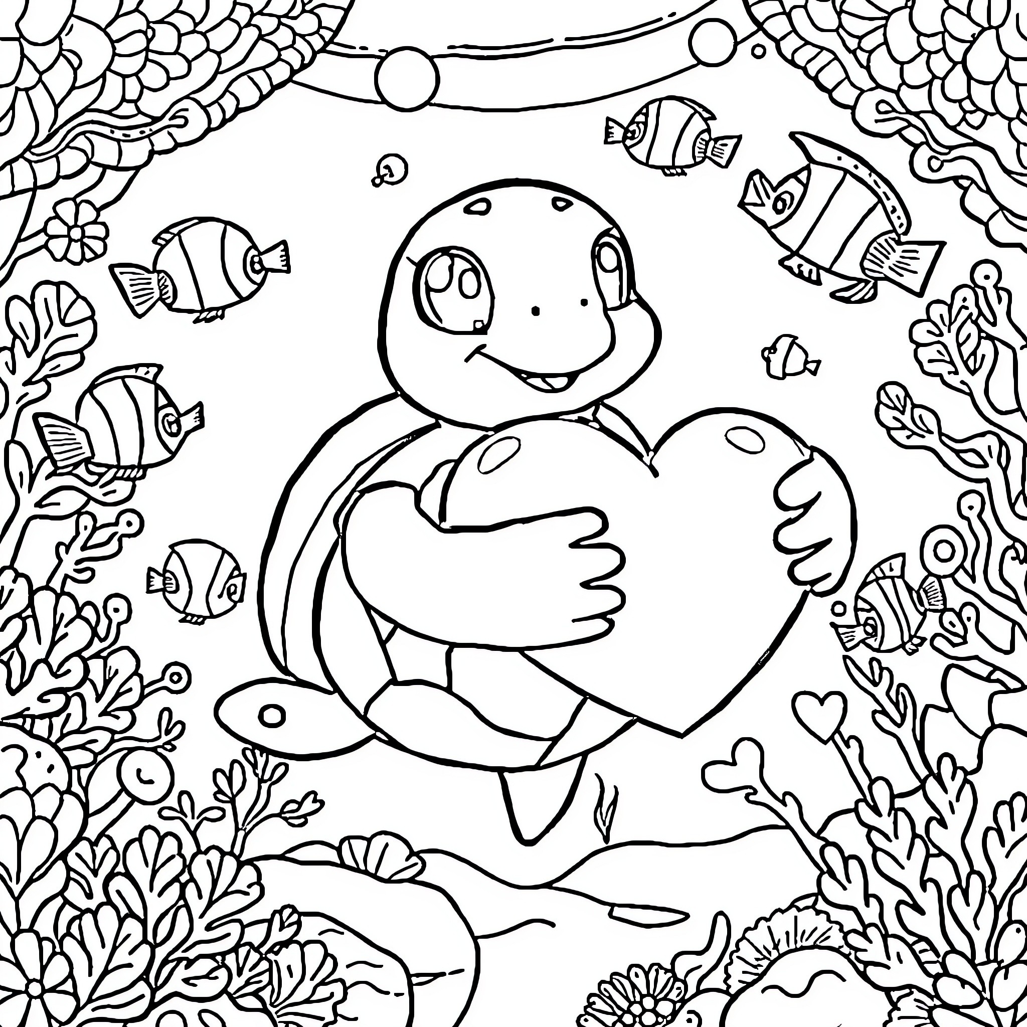 Sea Turtle embracing a heart in the ocean Coloring Page (free black-and-white line drawing printable PDF for all, from beginners to advanced learners, including children, teens, adults, and seniors)