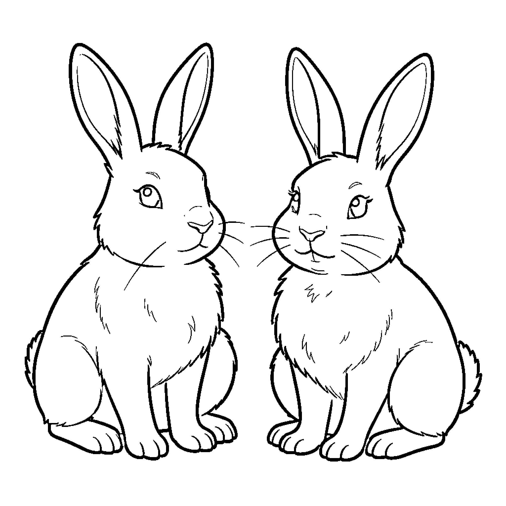 Easter Bunnies sitting together Coloring Page (free black-and-white line drawing printable PDF for all, from beginners to advanced learners, including children, teens, adults, and seniors)