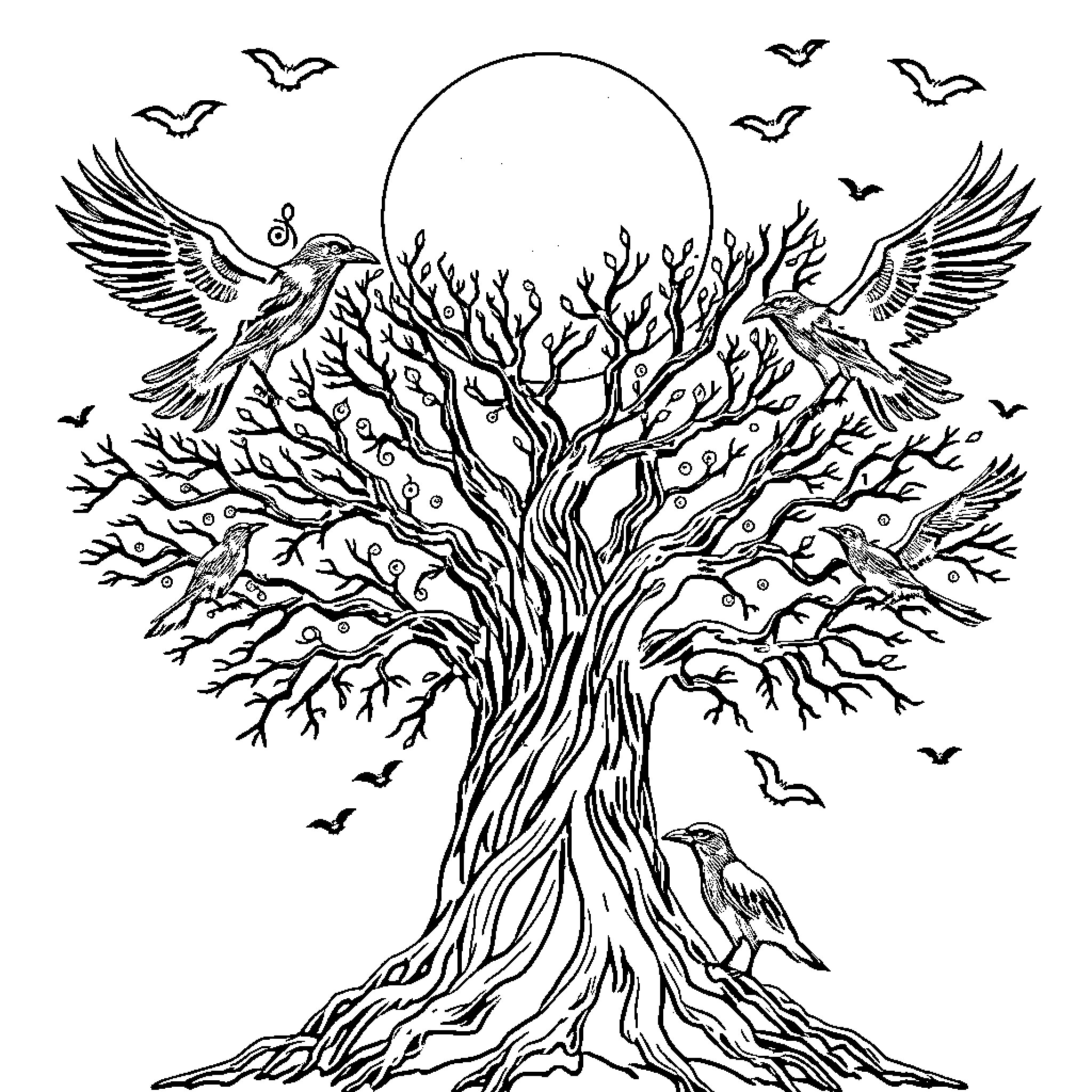 Moon Goddess presides over mystical tree with birds Coloring Page (free black-and-white line drawing printable PDF for all, from beginners to advanced learners, including children, teens, adults, and seniors)