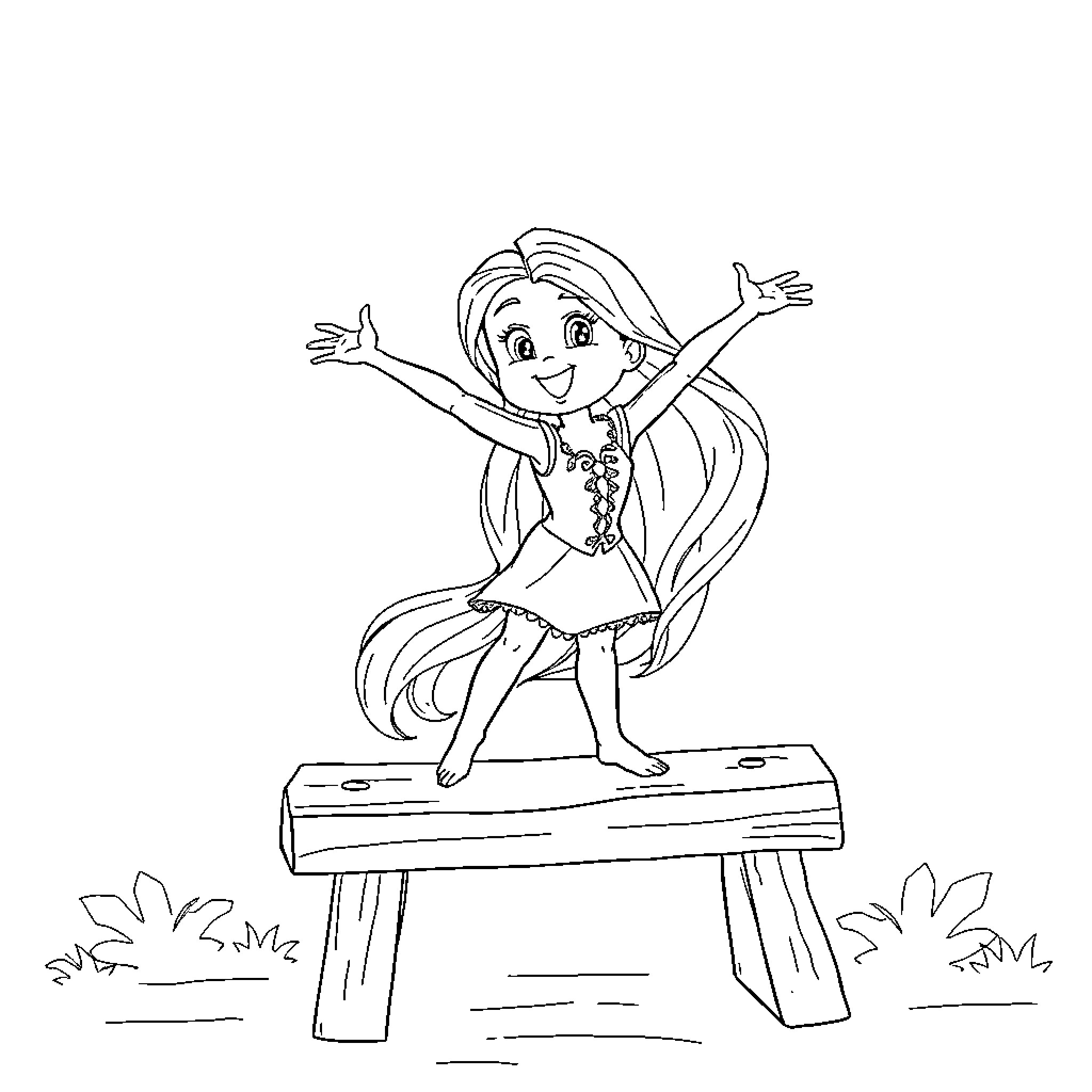 Rapunzel joyfully balancing on a wooden platform Coloring Page (free black-and-white line drawing printable PDF for all, from beginners to advanced learners, including children, teens, adults, and seniors)