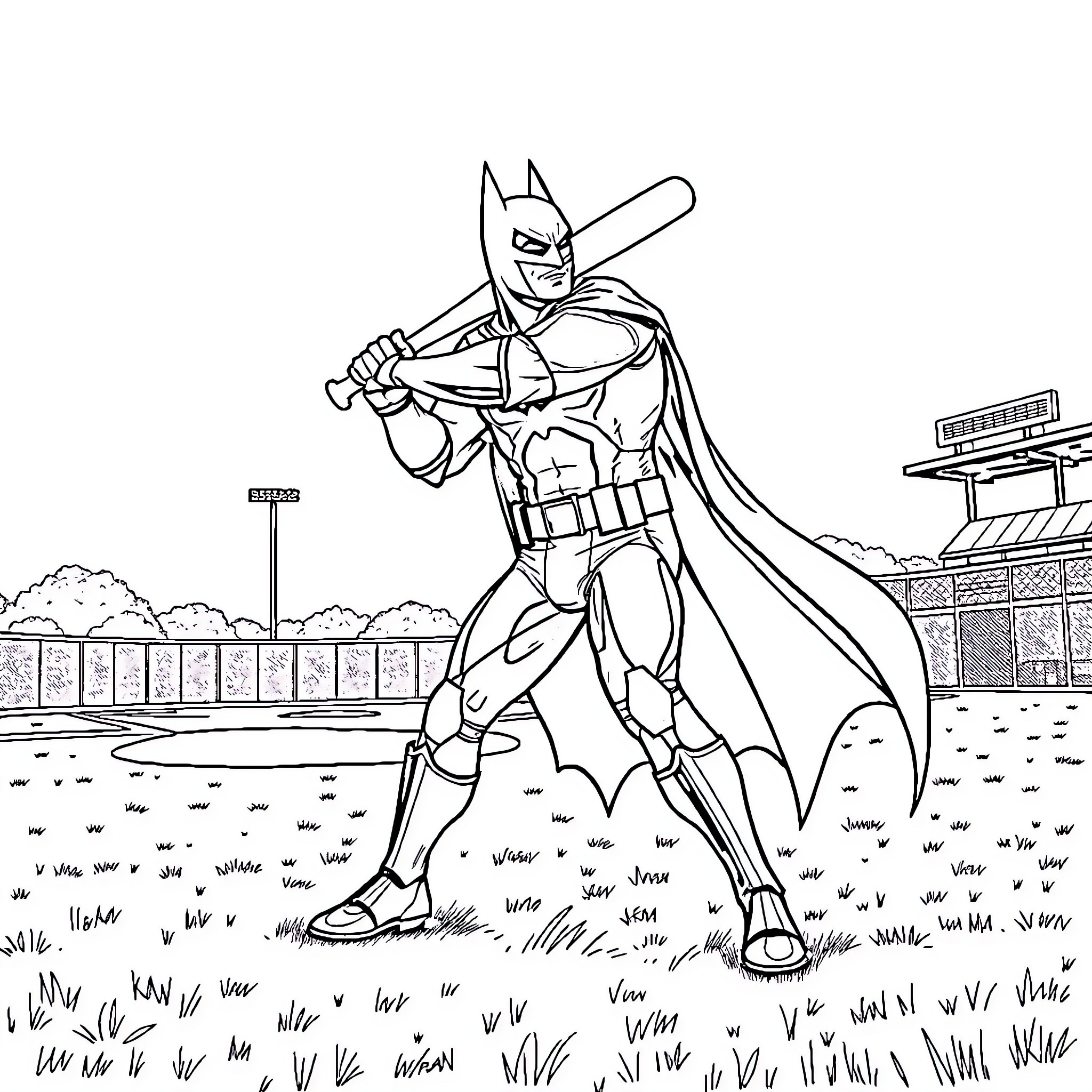 Batman in action pose with bat-like stance Coloring Page (free black-and-white line drawing printable PDF for all, from beginners to advanced learners, including children, teens, adults, and seniors)