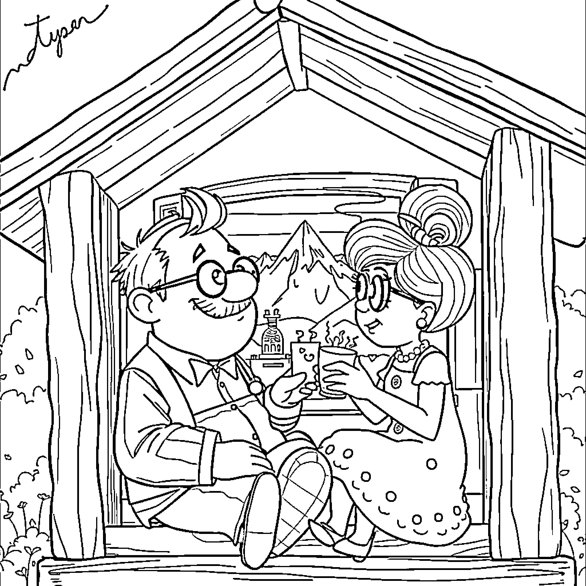Carl Fredricksen's outdoor adventure with a young companion Coloring Page (free black-and-white line drawing printable PDF for all, from beginners to advanced learners, including children, teens, adults, and seniors)
