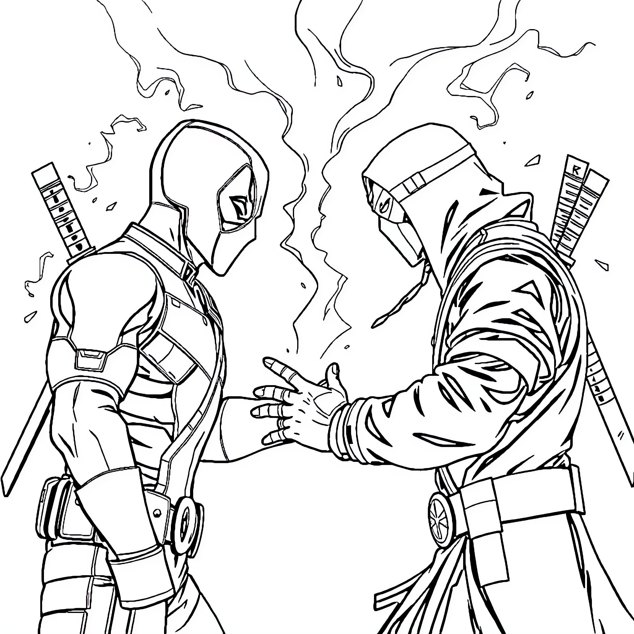 Deadpool's Showdown with a Formidable Foe Coloring Page (free black-and-white line drawing printable PDF for all, from beginners to advanced learners, including children, teens, adults, and seniors)