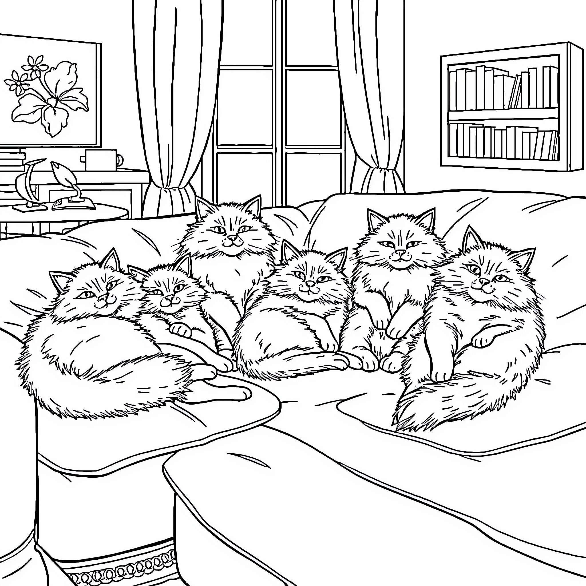 Cat Companions Cuddling Contentedly Coloring Page (free black-and-white line drawing printable PDF for all, from beginners to advanced learners, including children, teens, adults, and seniors)
