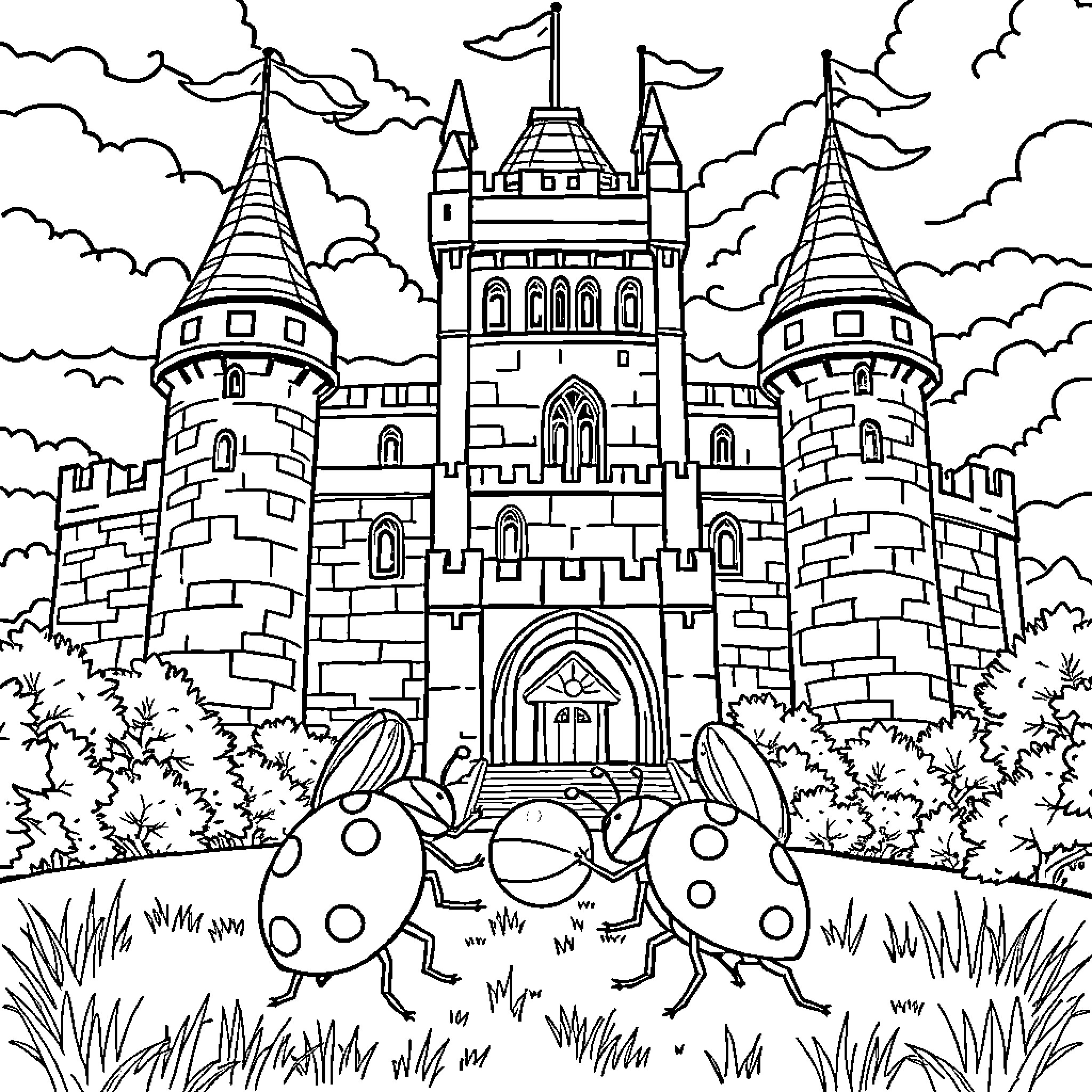 Ladybug exploring a magical castle in the clouds Coloring Page (free black-and-white line drawing printable PDF for all, from beginners to advanced learners, including children, teens, adults, and seniors)