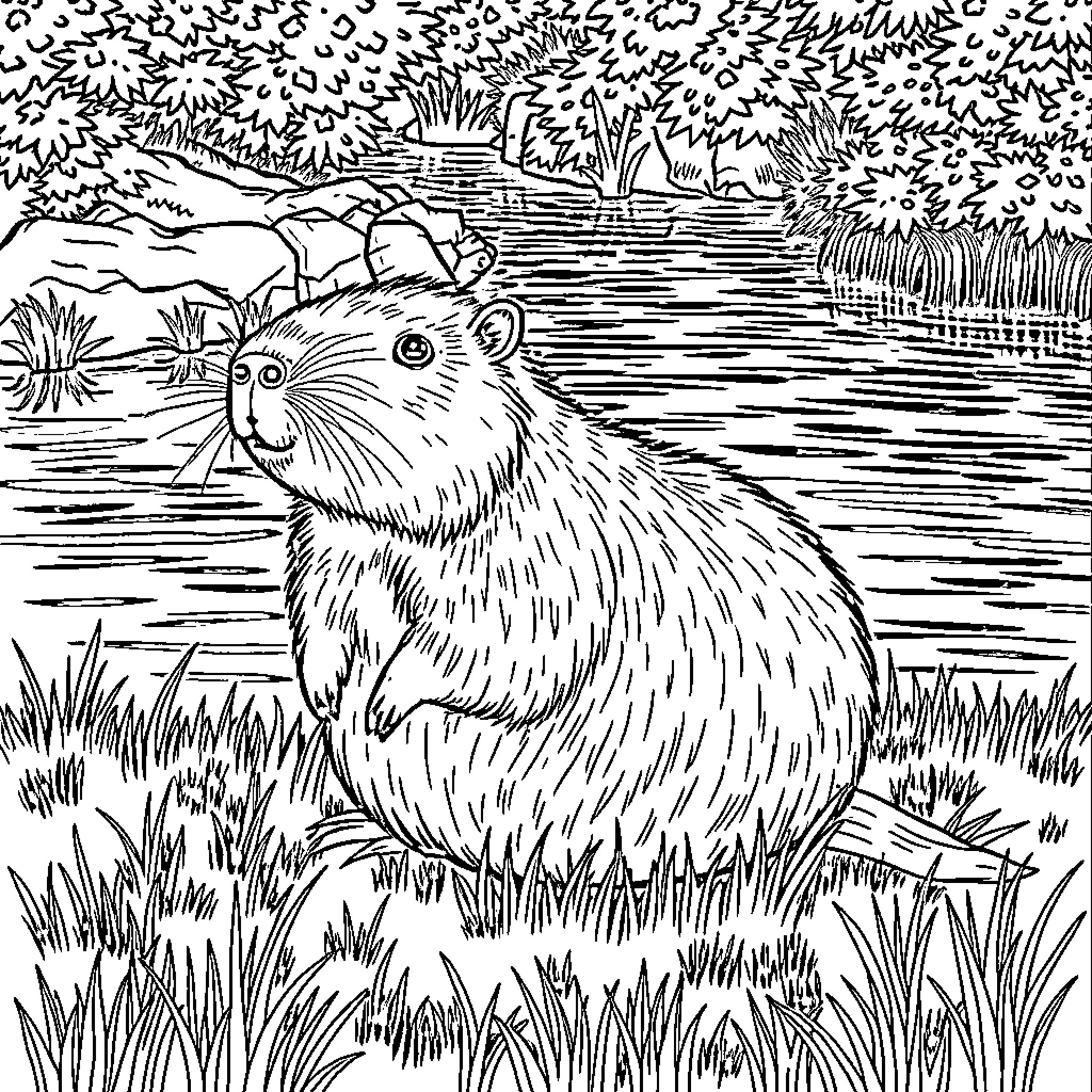 Capybara enjoying the serene lake and nature Coloring Page (free black-and-white line drawing printable PDF for all, from beginners to advanced learners, including children, teens, adults, and seniors)