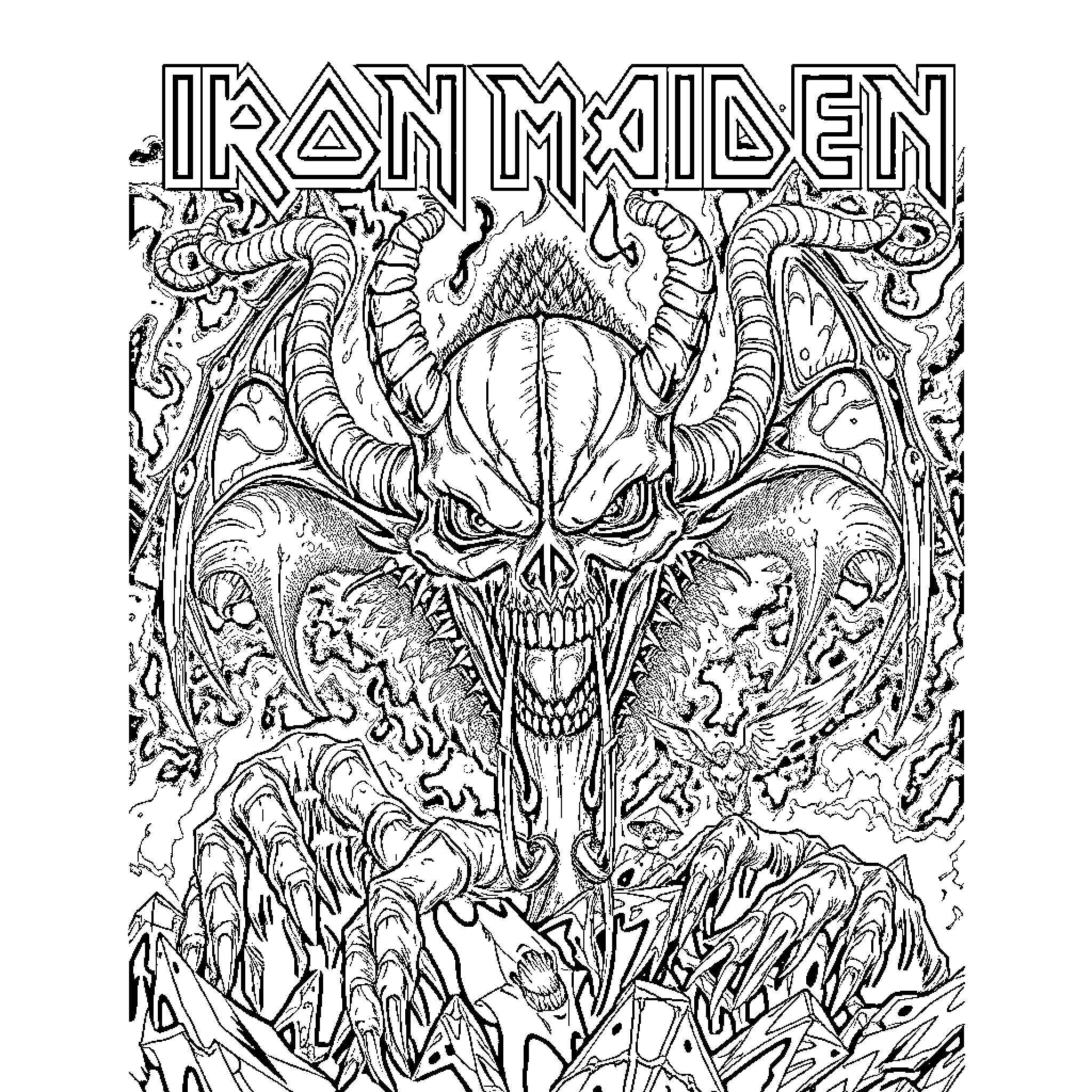 Iron Maiden's Demonic Imagery and Stage Presence Coloring Page (free black-and-white line drawing printable PDF for all, from beginners to advanced learners, including children, teens, adults, and seniors)