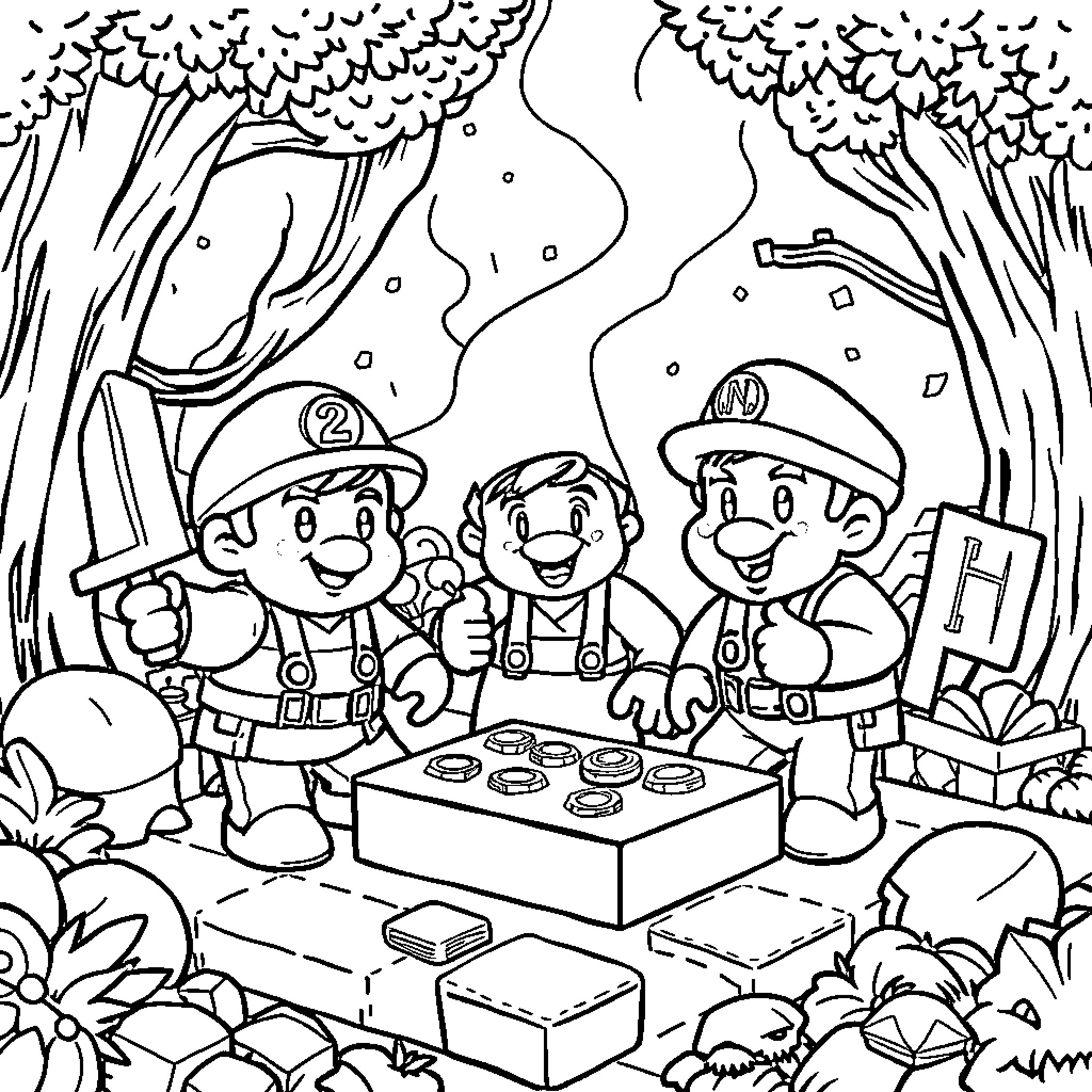 Minecraft Friends Exploring the Enchanted Forest Coloring Page (free black-and-white line drawing printable PDF for all, from beginners to advanced learners, including children, teens, adults, and seniors)