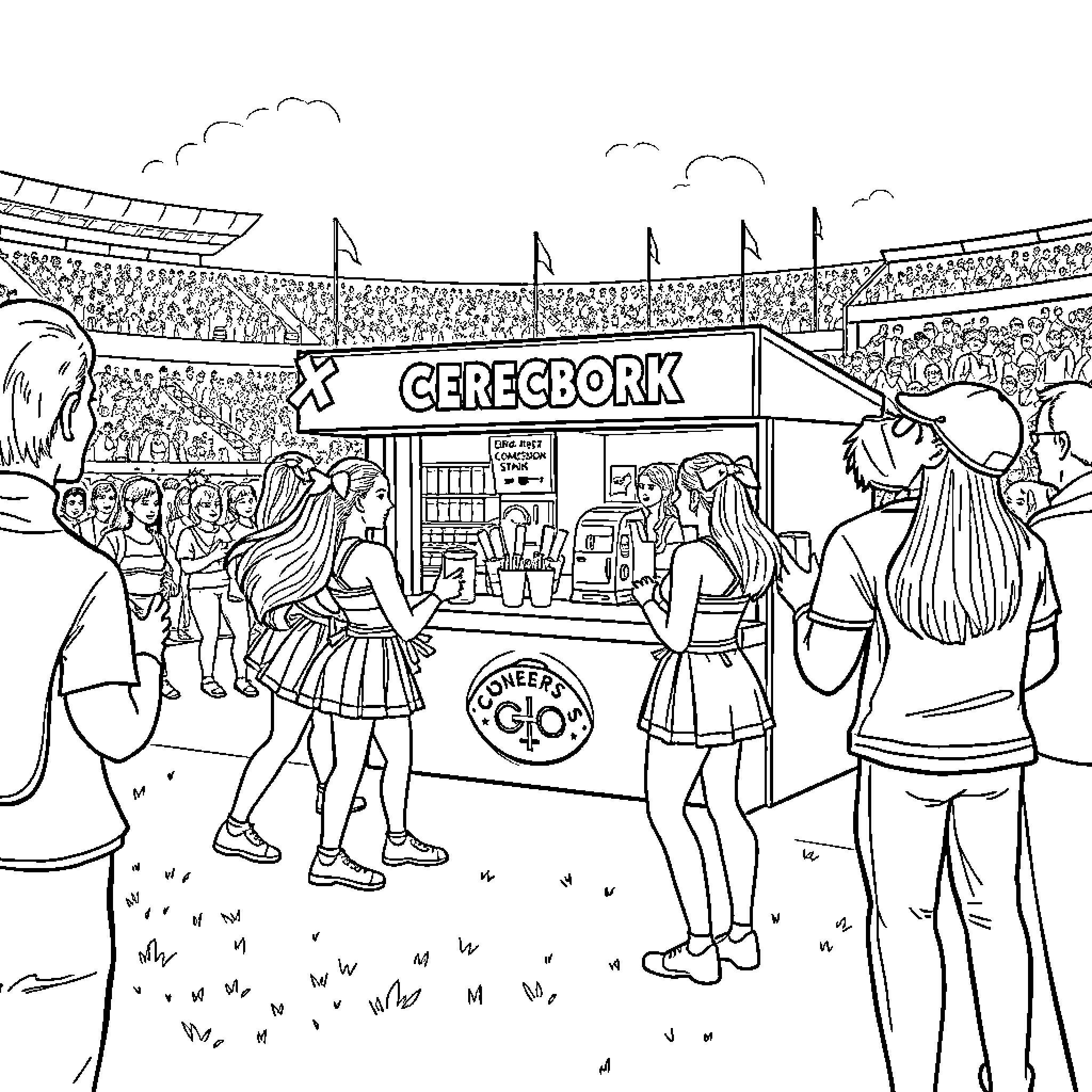 Concession Stand with Lively Crowd at Sporting Event Coloring Page (free black-and-white line drawing printable PDF for all, from beginners to advanced learners, including children, teens, adults, and seniors)